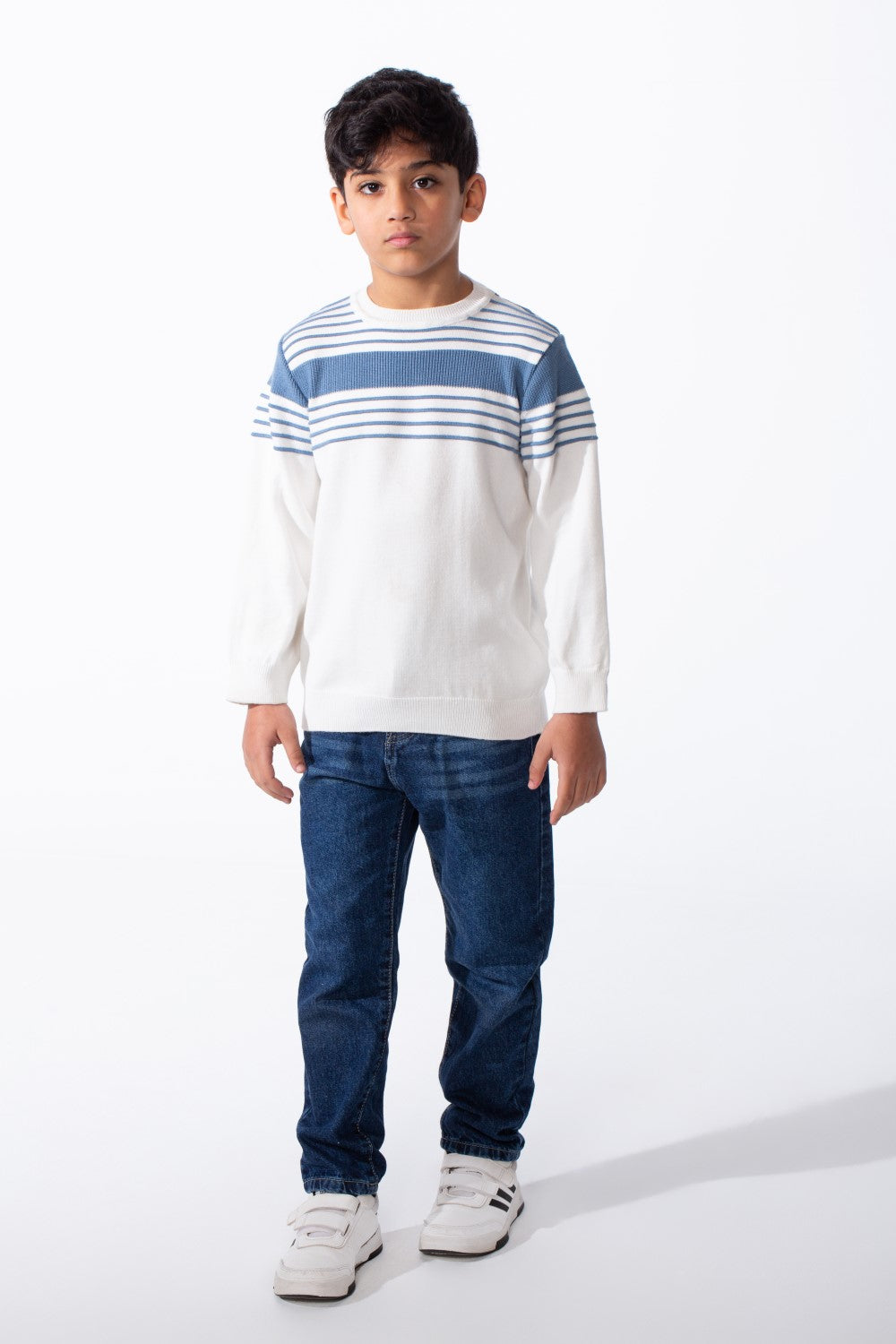 Boy's Crew Neck Knit Horizontal Stripes Fine-Rib Collar Cuffs Pullover