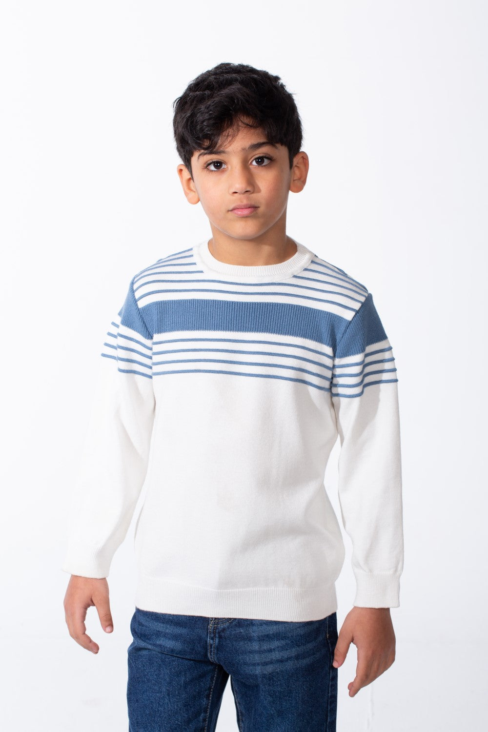 Boy's Crew Neck Knit Horizontal Stripes Fine-Rib Collar Cuffs Pullover
