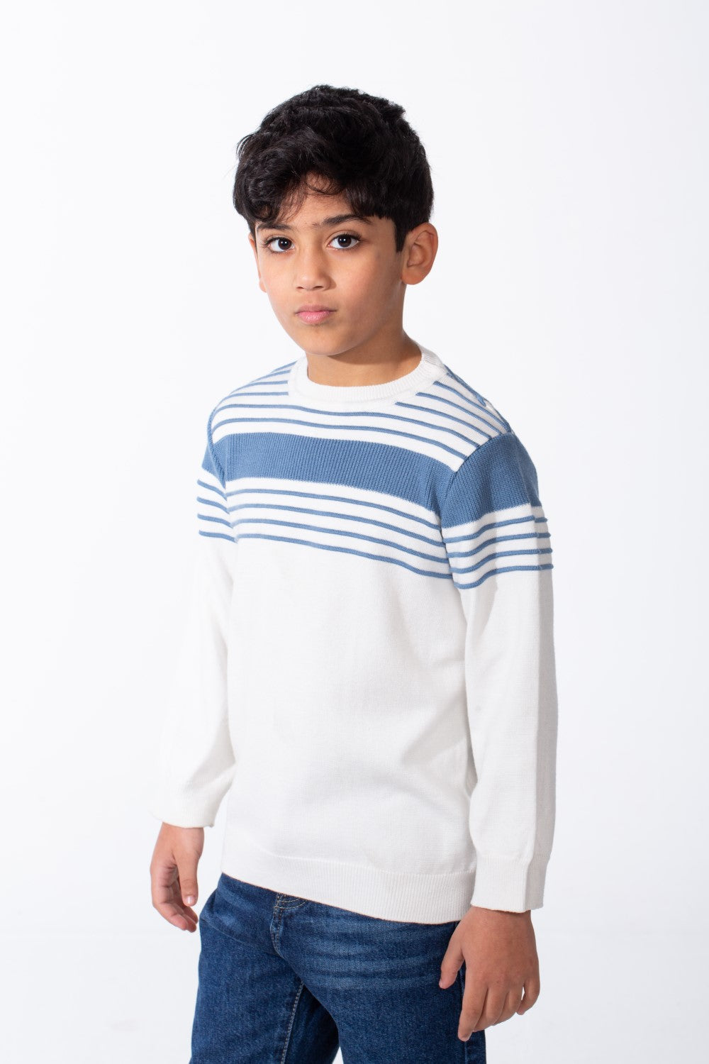 Boy's Crew Neck Knit Horizontal Stripes Fine-Rib Collar Cuffs Pullover