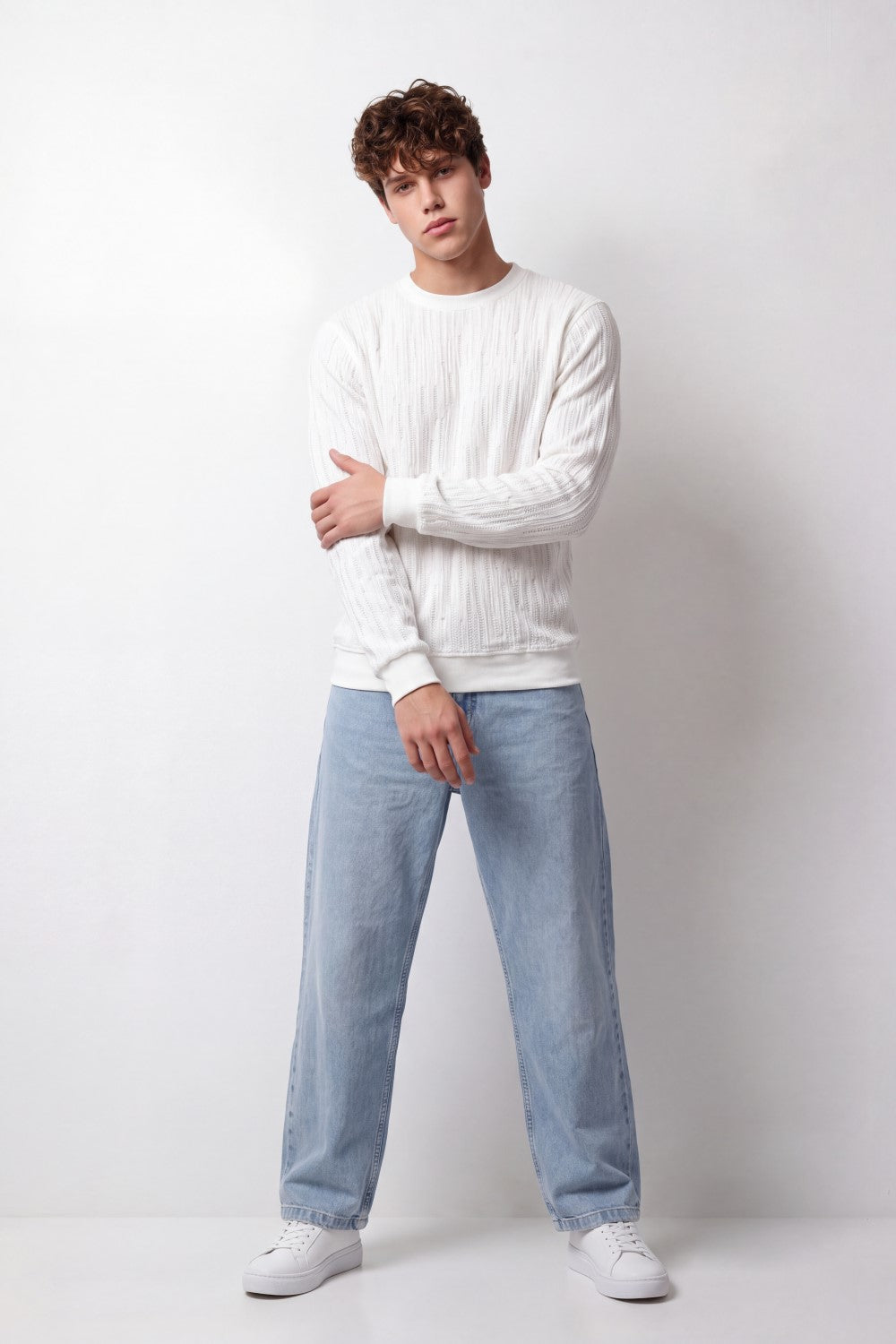 Men's Tomato Store Winter Textured Knit Sweatshirt Vertical Cable Pattern Slim Fit