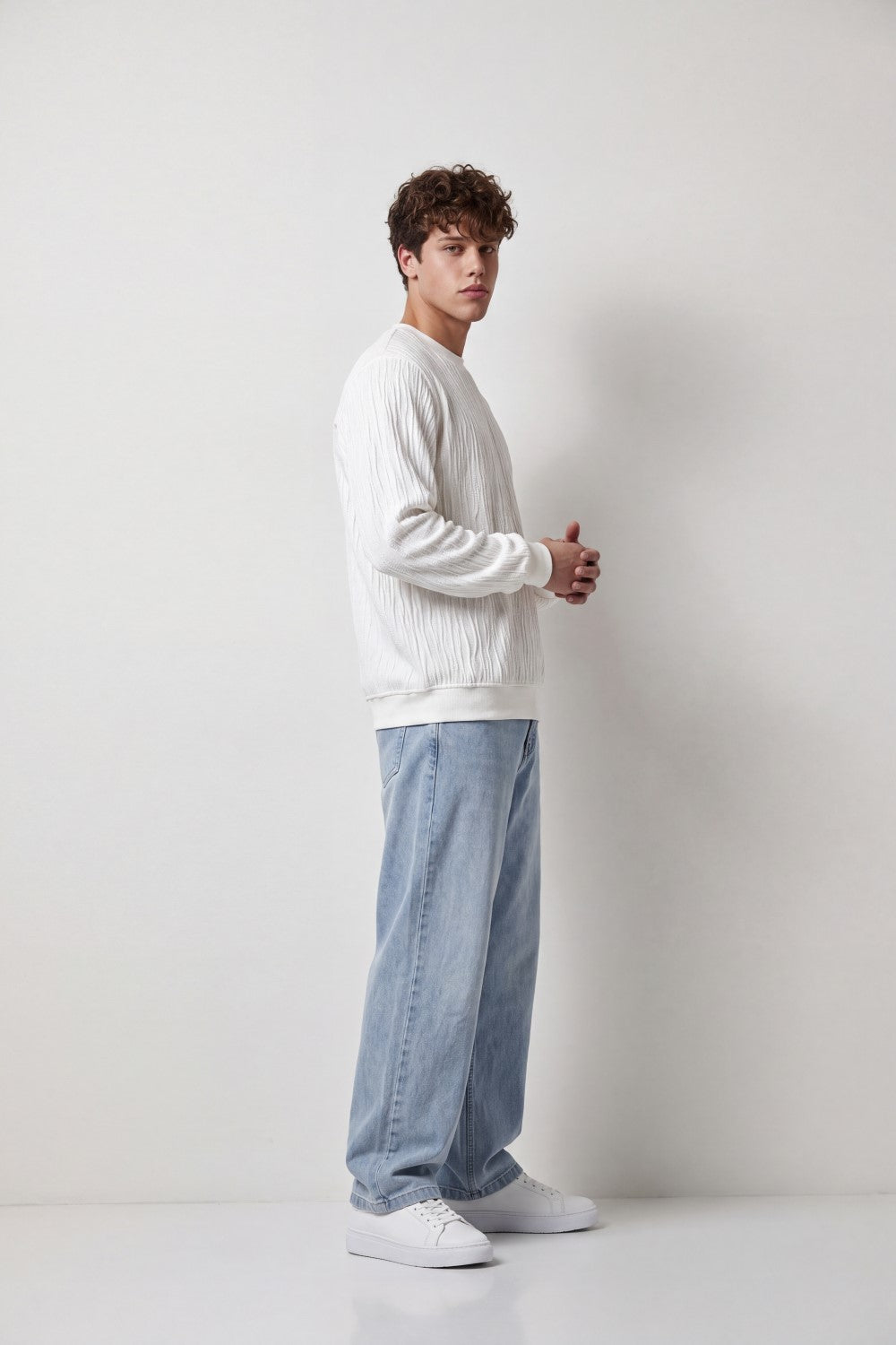 Men's Tomato Store Winter Textured Knit Sweatshirt Vertical Cable Pattern Slim Fit