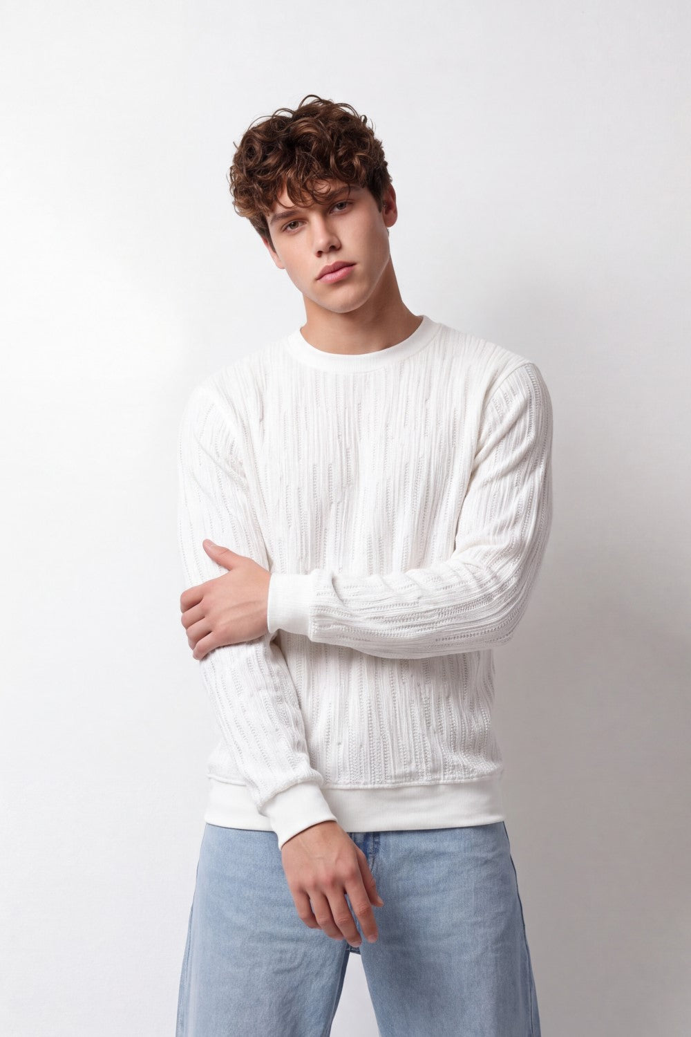 Men's Tomato Store Winter Textured Knit Sweatshirt Vertical Cable Pattern Slim Fit