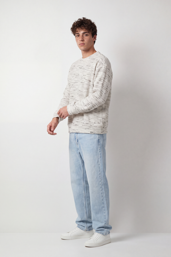 Men's Tomato Store Textured Knit Swetashirt Round Neck Long Sleeve Abstract Marled Pattern Box Fit