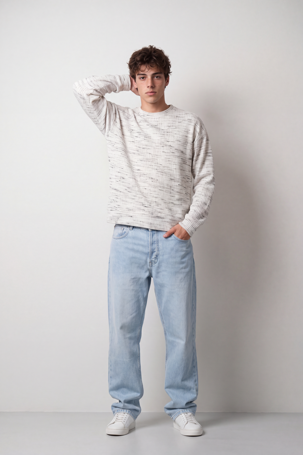 Men's Tomato Store Winter Textured Knit Pullover Round Neck Long Sleeve Abstract Marled Pattern Box Fit