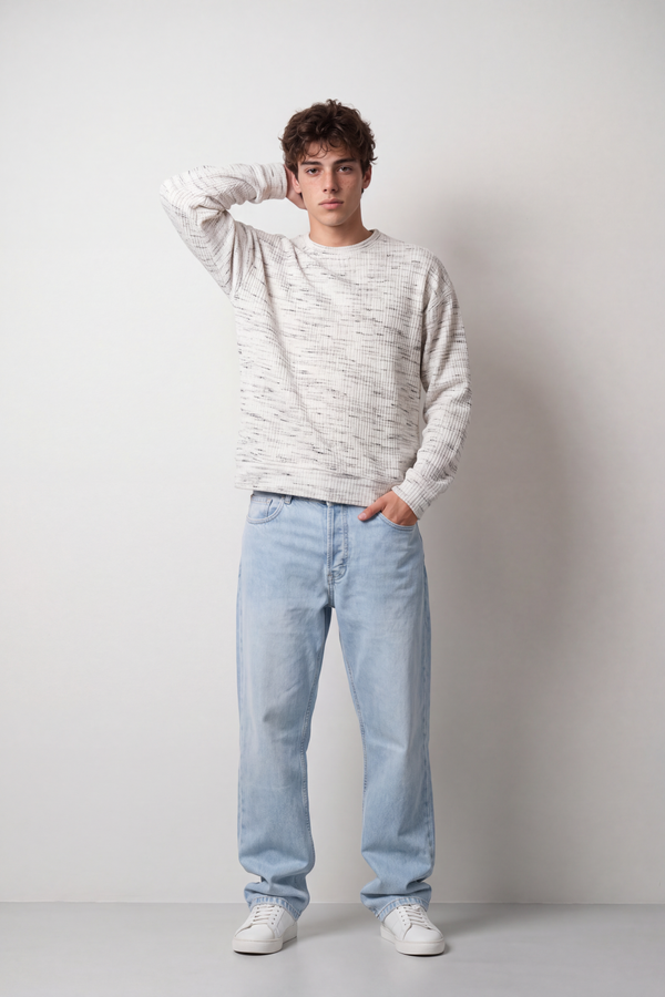 Men's Tomato Store Textured Knit Swetashirt Round Neck Long Sleeve Abstract Marled Pattern Box Fit