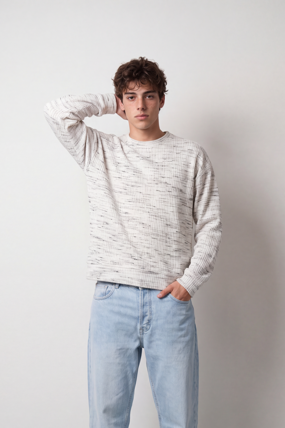 Men's Tomato Store Winter Textured Knit Pullover Round Neck Long Sleeve Abstract Marled Pattern Box Fit
