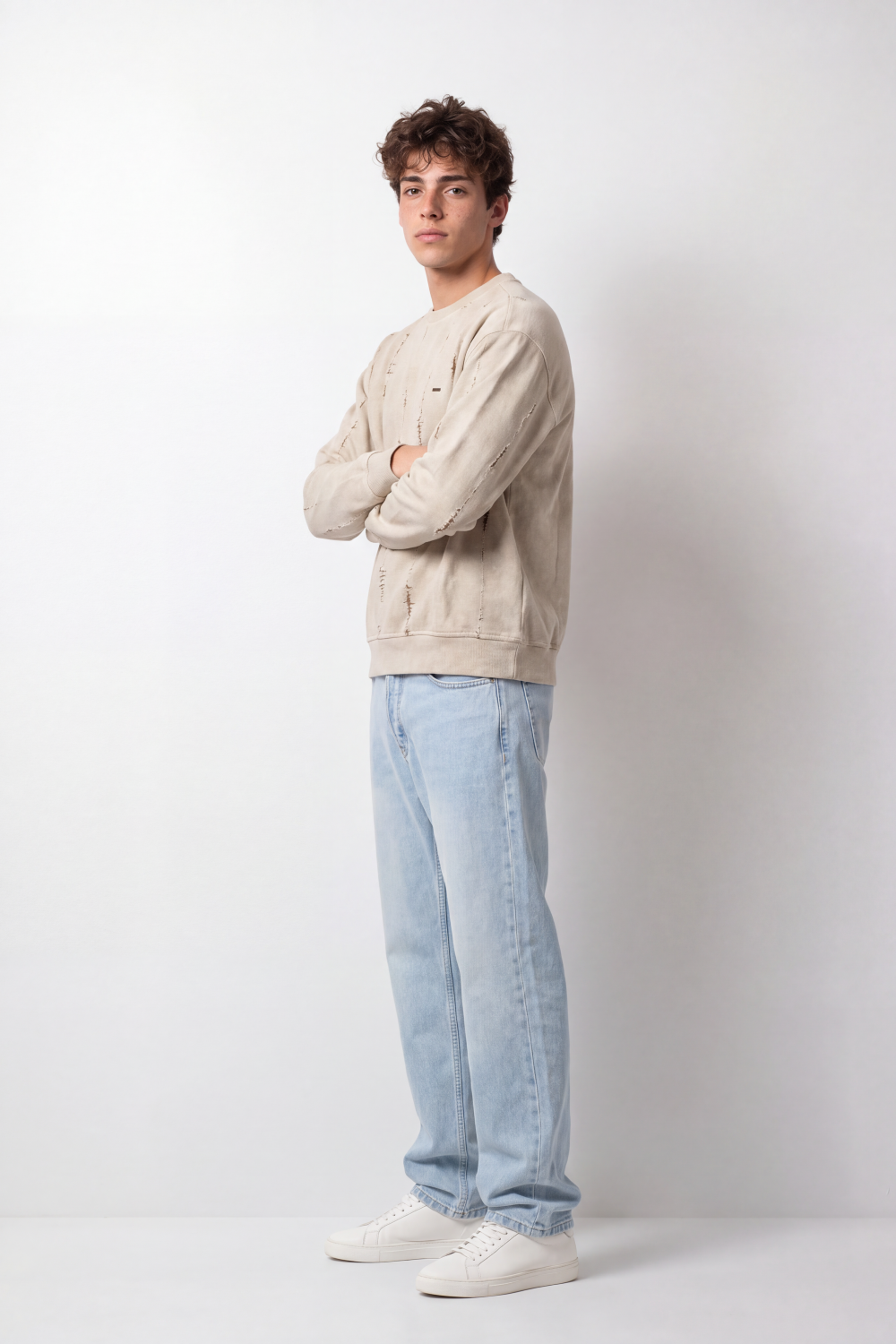 Men's Tomato Store Winter Washed Fleece Pullover Round Neck Long Sleeve Distressed Vertical Slash Detail
