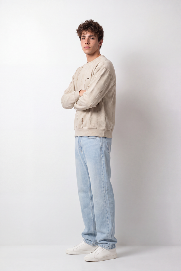 Men's Tomato Store Winter Washed Fleece Swetashirt Round Neck Long Sleeve Distressed Vertical Slash Detail