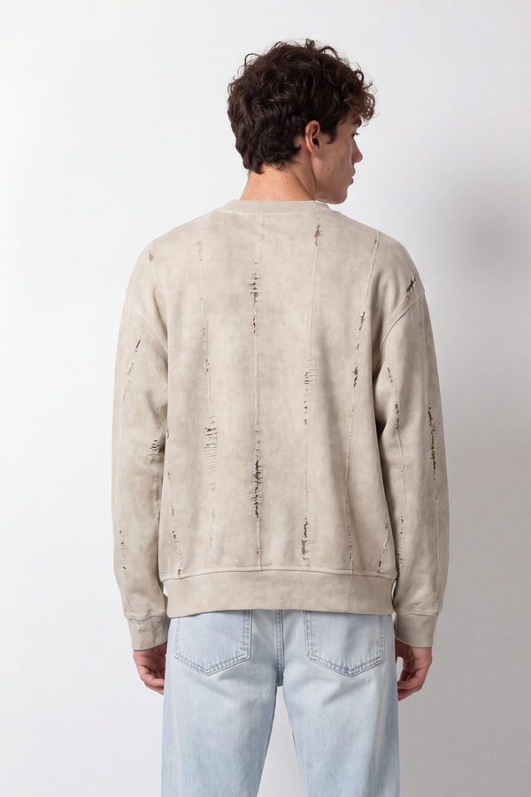 Men's Tomato Store Winter Washed Fleece Swetashirt Round Neck Long Sleeve Distressed Vertical Slash Detail