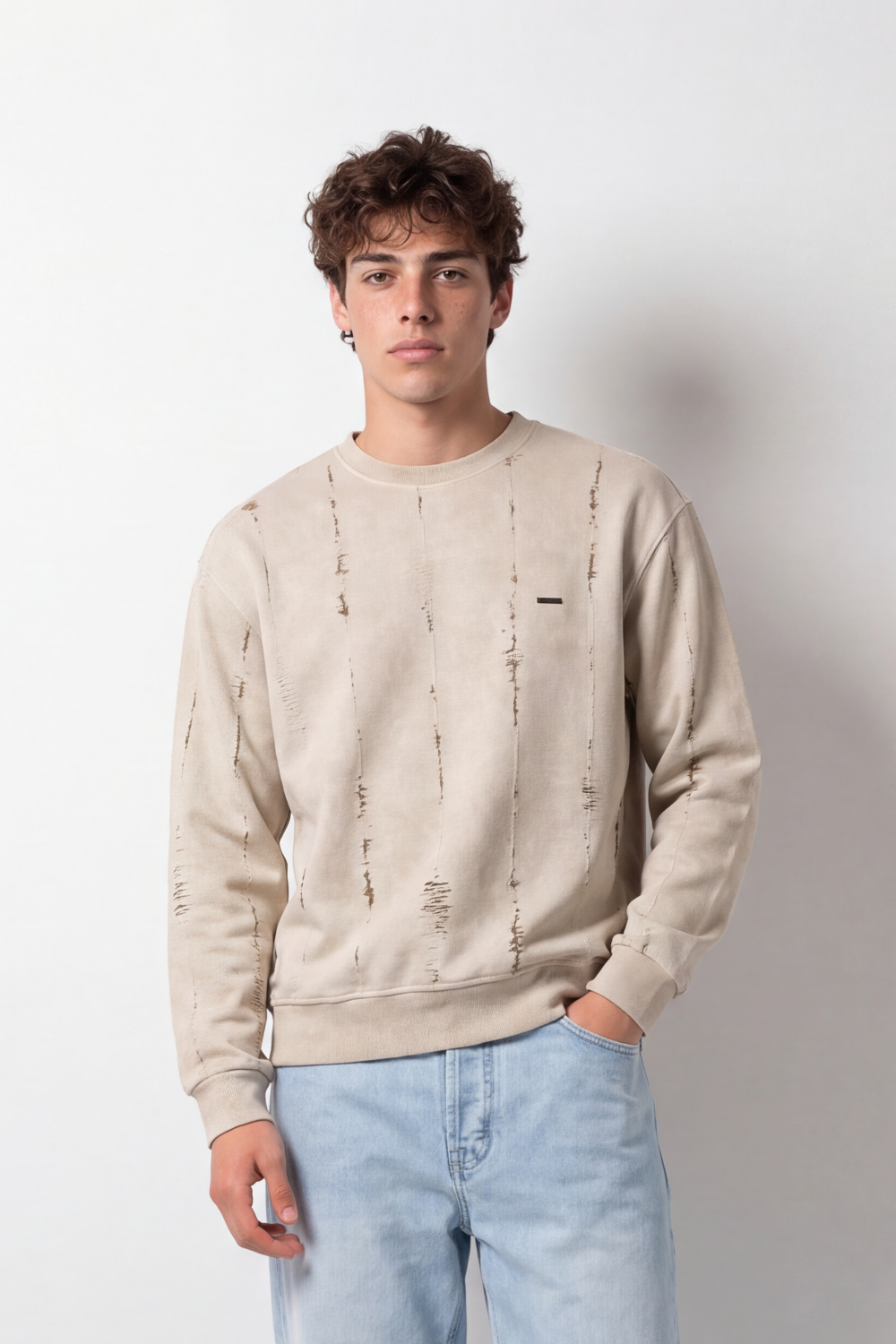 Men's Tomato Store Winter Washed Fleece Pullover Round Neck Long Sleeve Distressed Vertical Slash Detail