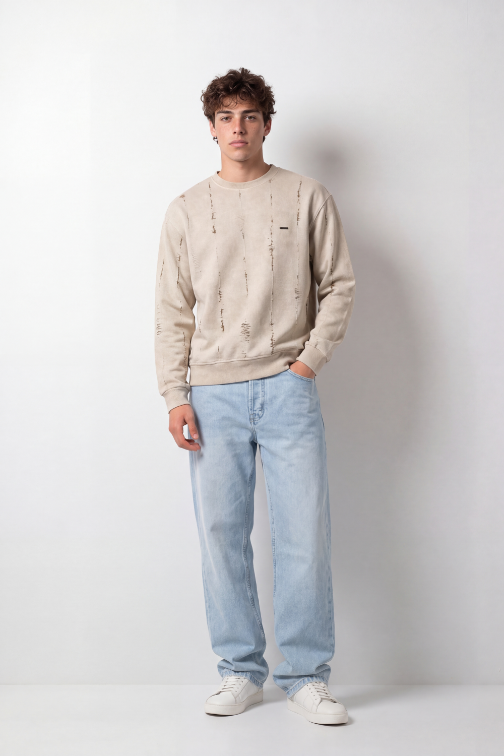 Men's Tomato Store Winter Washed Fleece Pullover Round Neck Long Sleeve Distressed Vertical Slash Detail