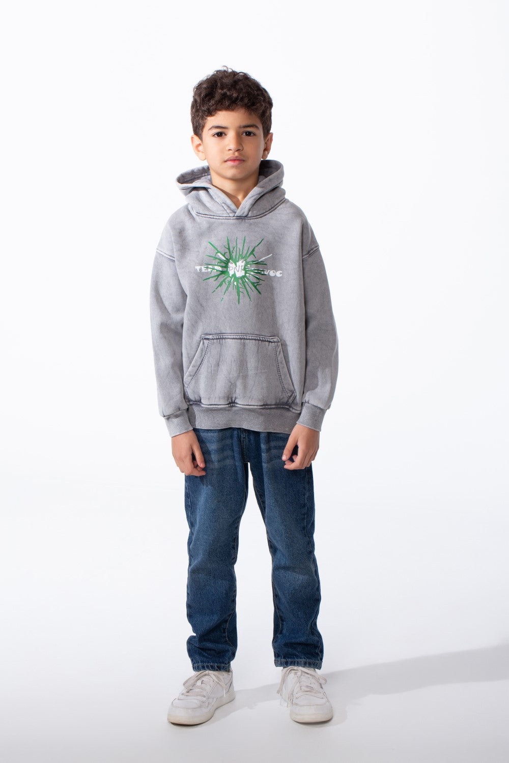 Boy's Classic Kangaroo Pocket With Acid-Wash Chest Distressed Explosive Green Graphic Sweatshirt