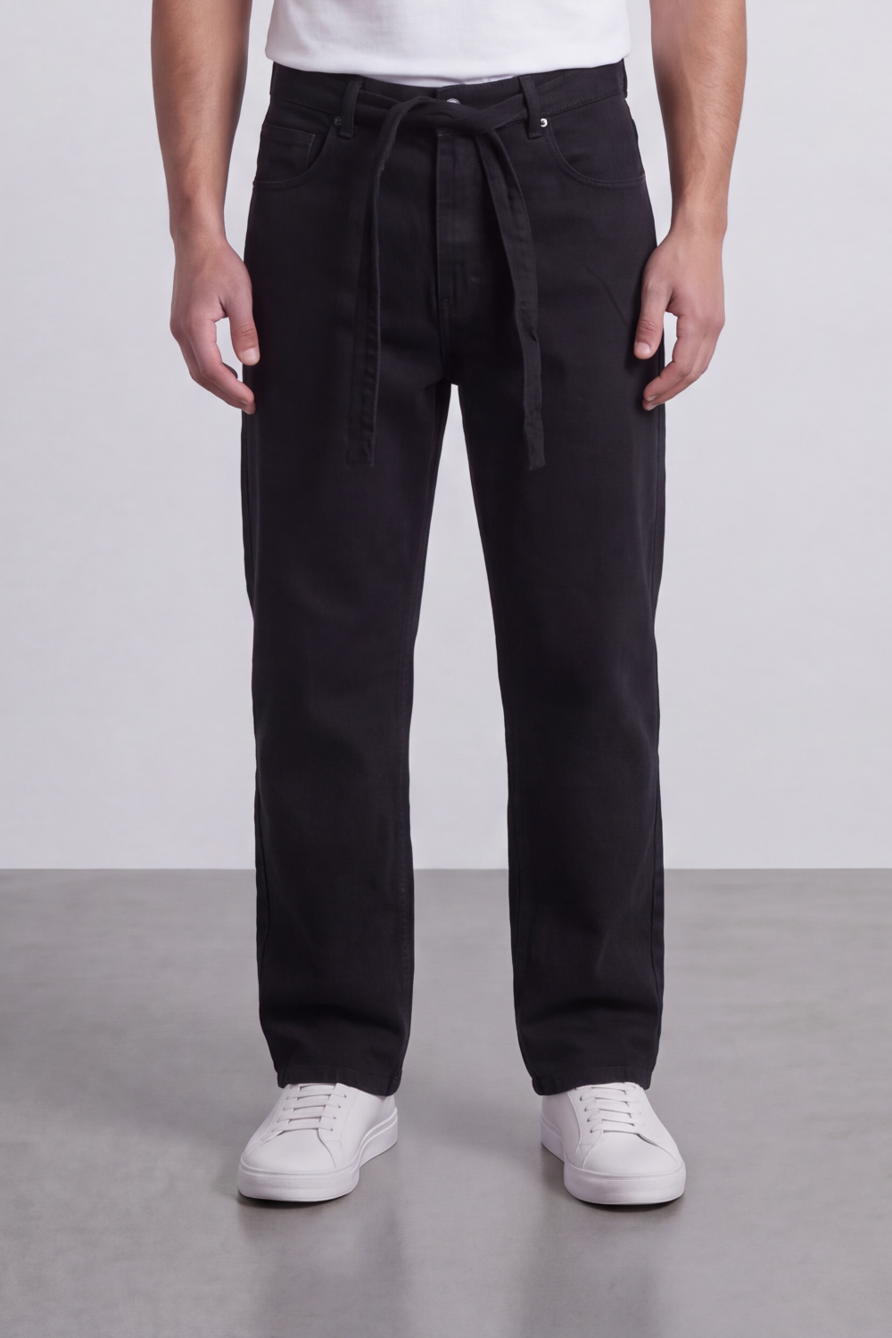 Men's Tomato Store Washed Denim Jeans Self-Tie Belt Detail Classic Pagy Used Pants