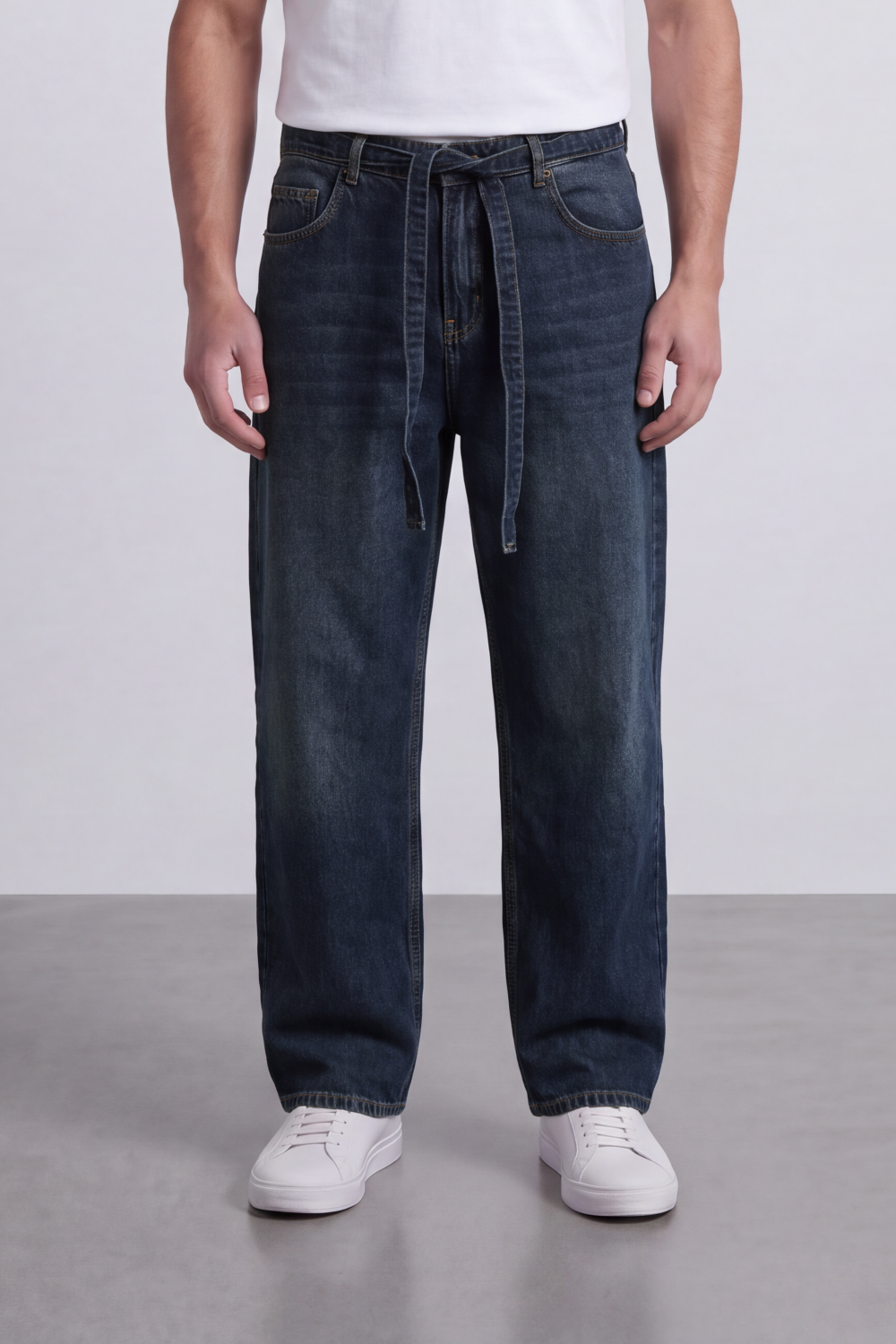 Men's Tomato Store Washed Denim Jeans Self-Tie Belt Detail Classic Pagy Used Pants