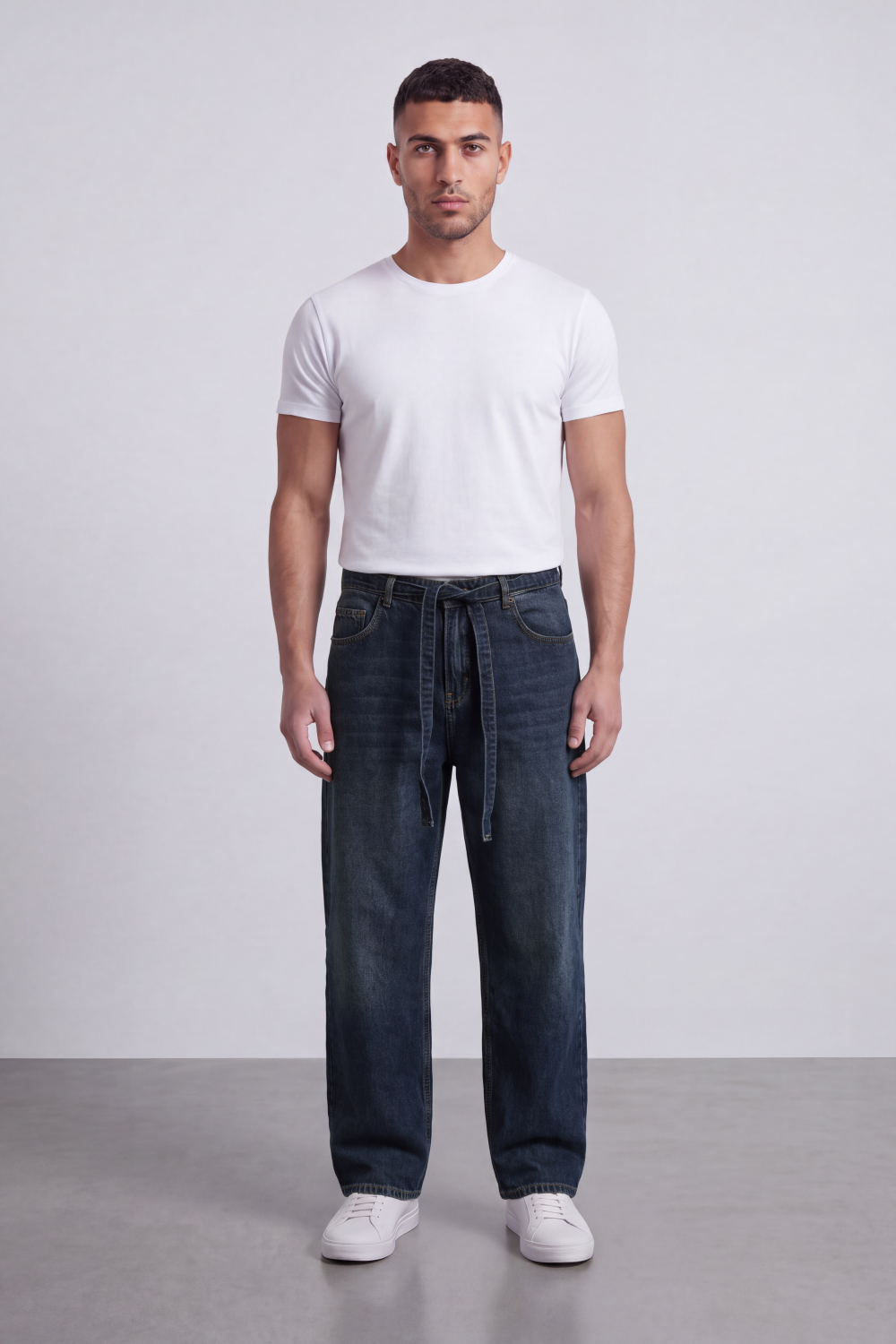 Men's Tomato Store Washed Denim Jeans Self-Tie Belt Detail Classic Pagy Used Pants
