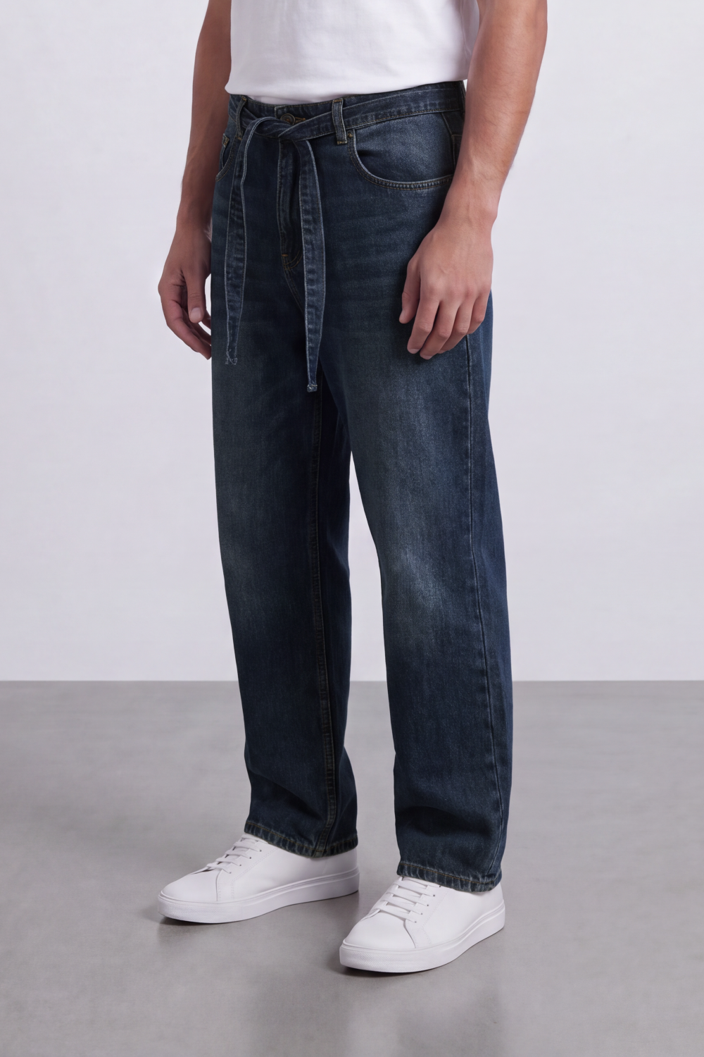 Men's Tomato Store Washed Denim Jeans Self-Tie Belt Detail Classic Pagy Used Pants