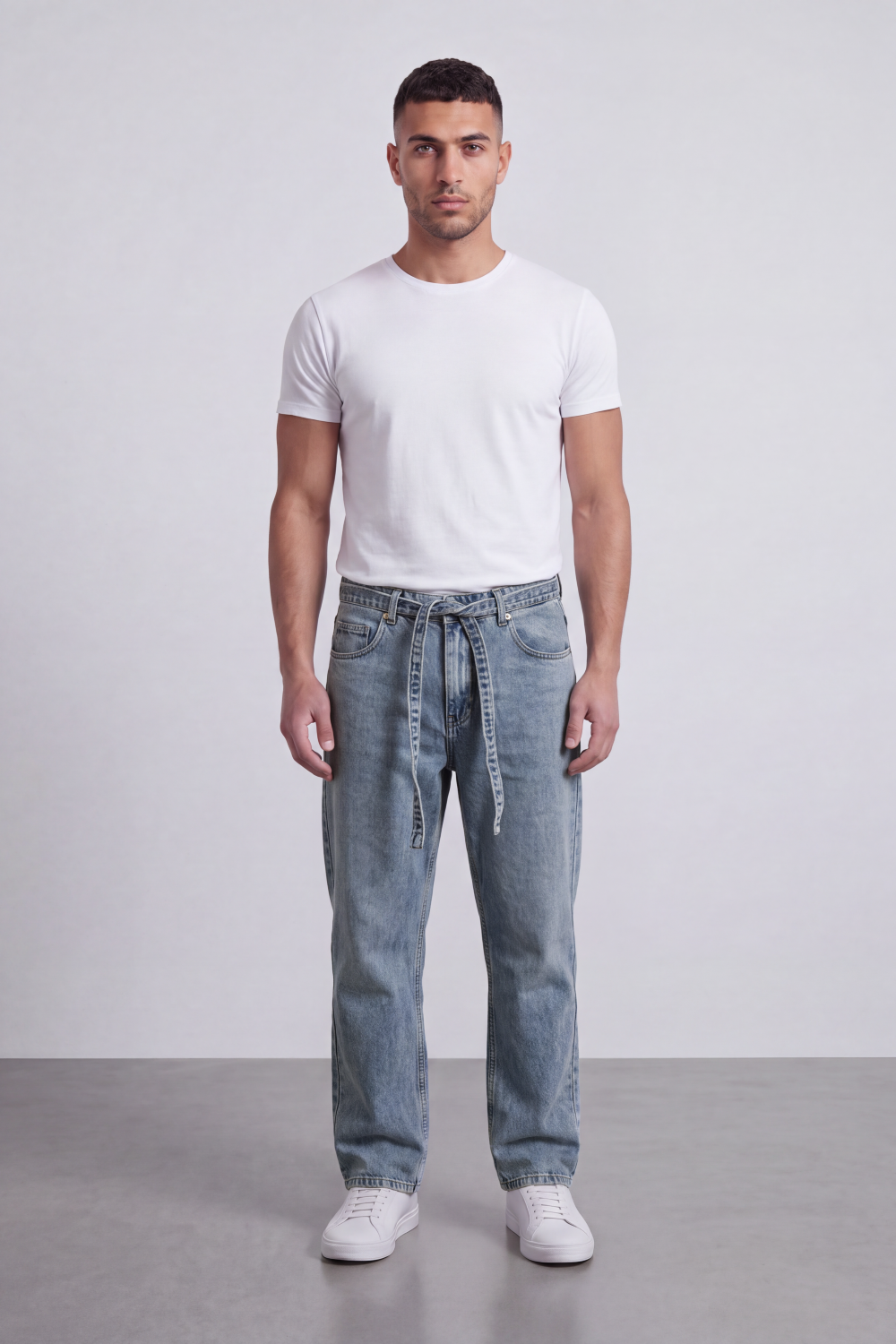 Men's Tomato Store Washed Denim Jeans Self-Tie Belt Detail Classic Pagy Used Pants
