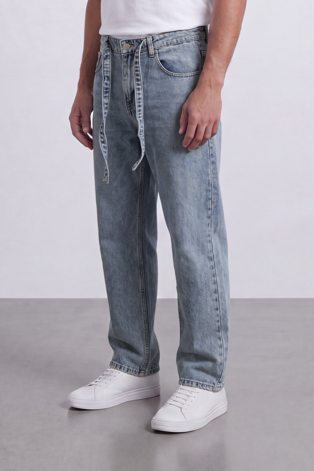 Men's Tomato Store Washed Denim Jeans Self-Tie Belt Detail Classic Pagy Used Pants