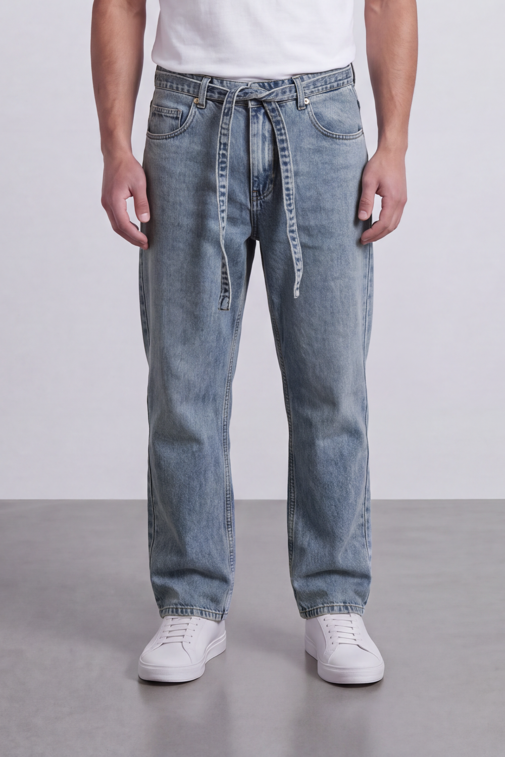 Men's Tomato Store Washed Denim Jeans Self-Tie Belt Detail Classic Pagy Used Pants