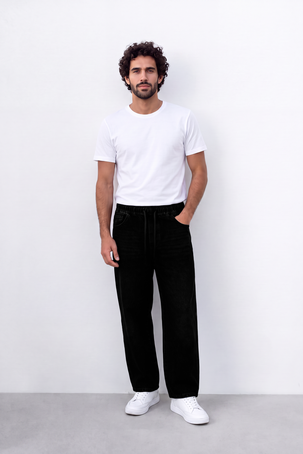 Men's Tomato Store Washed Denim Pants Elastic Waist Contrast Drawstring Detail Wide Leg