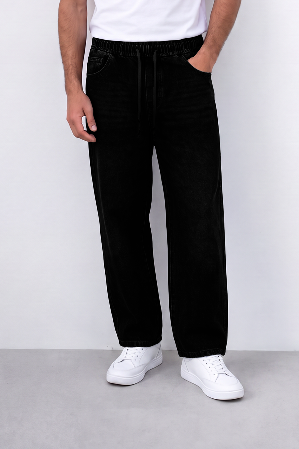Men's Tomato Store Washed Denim Pants Elastic Waist Contrast Drawstring Detail Wide Leg