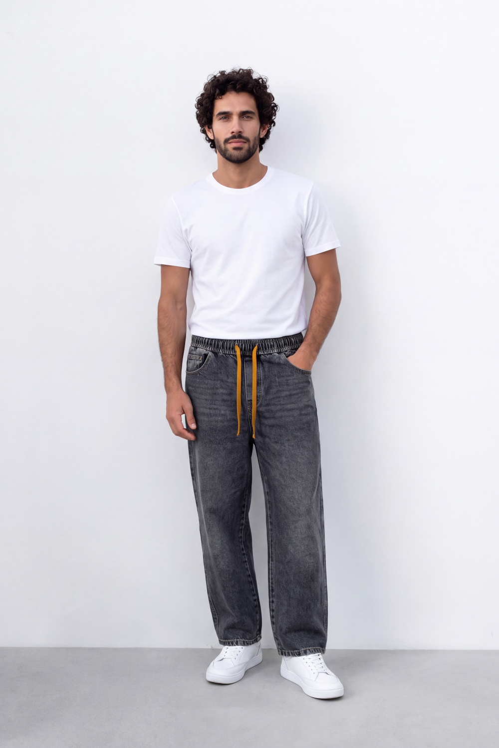 Men's Tomato Store Washed Denim Pants Elastic Waist Contrast Drawstring Detail Wide Leg