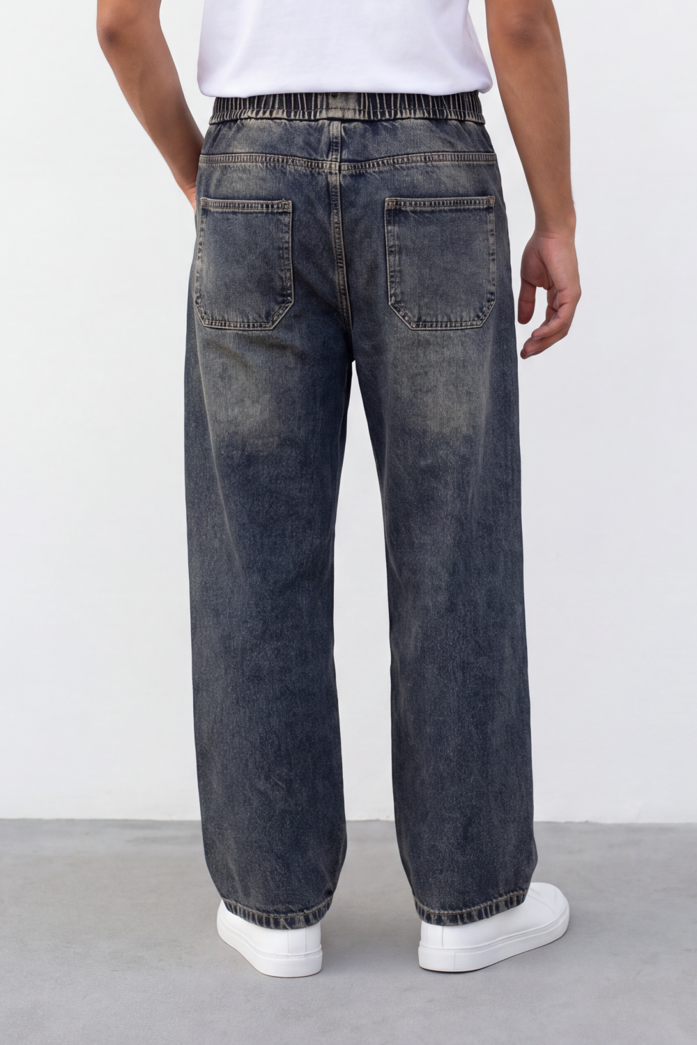 Men's Tomato Store Washed Denim Pants Elastic Waist Contrast Drawstring Detail Wide Leg