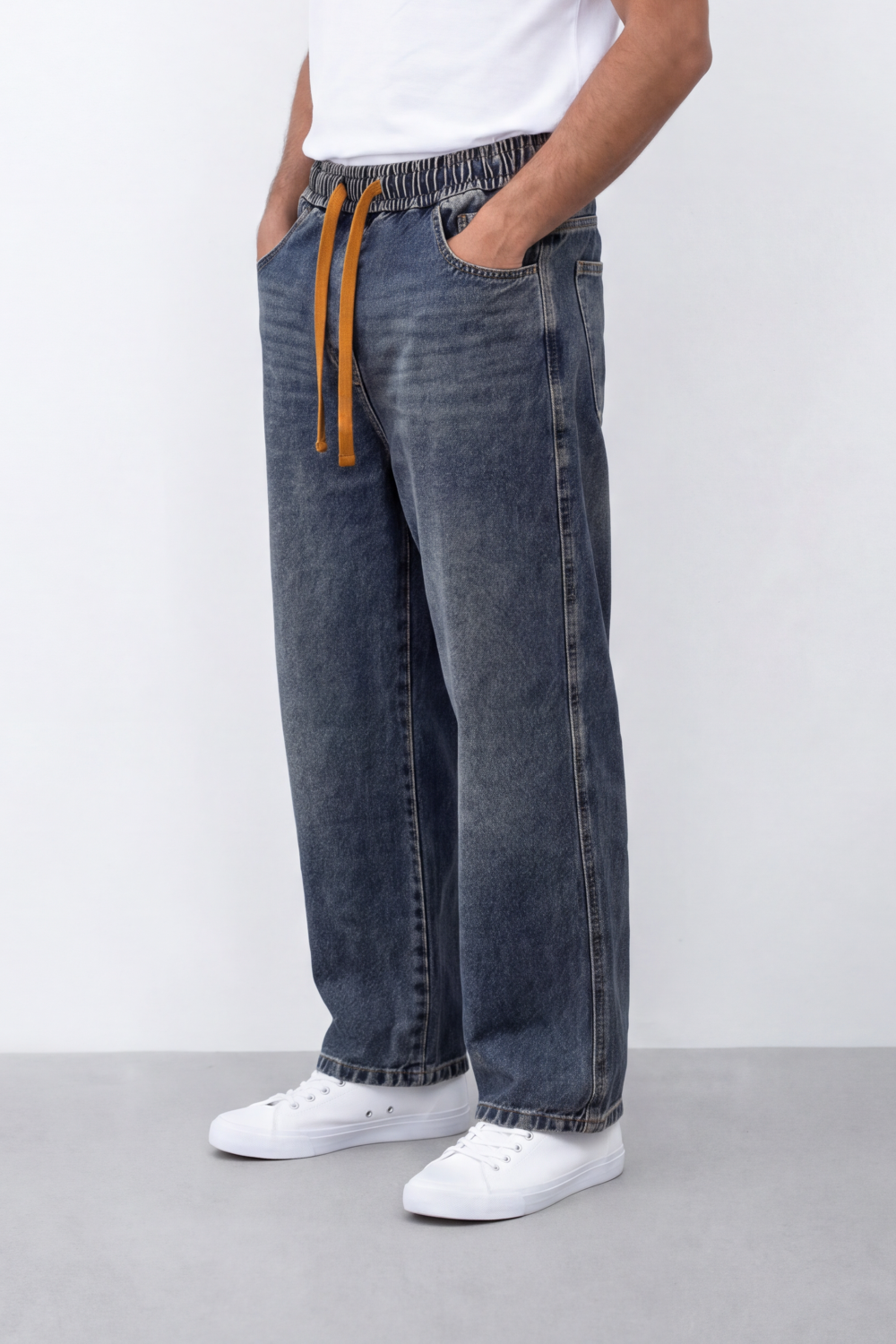 Men's Tomato Store Washed Denim Pants Elastic Waist Contrast Drawstring Detail Wide Leg