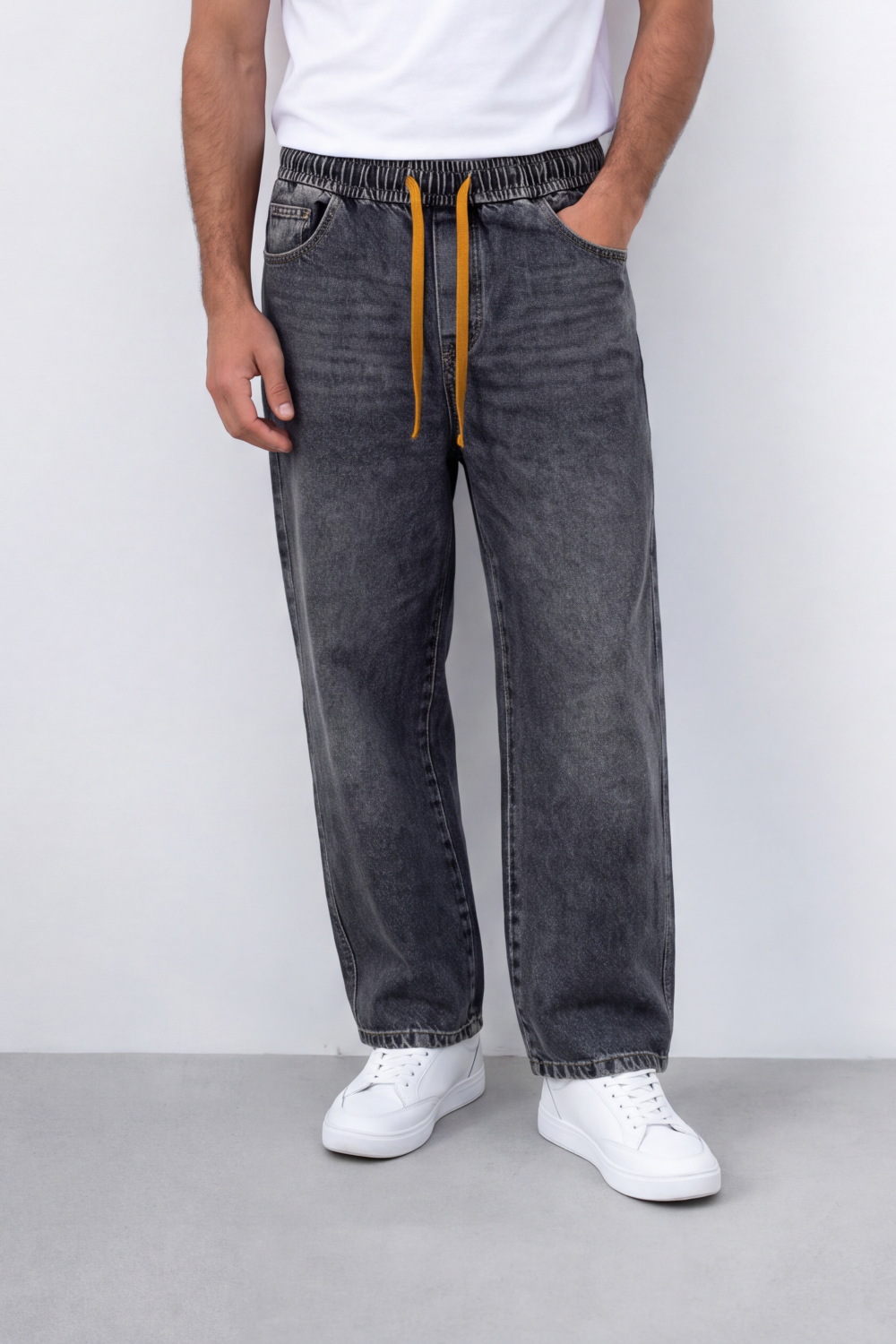 Men's Tomato Store Washed Denim Pants Elastic Waist Contrast Drawstring Detail Wide Leg