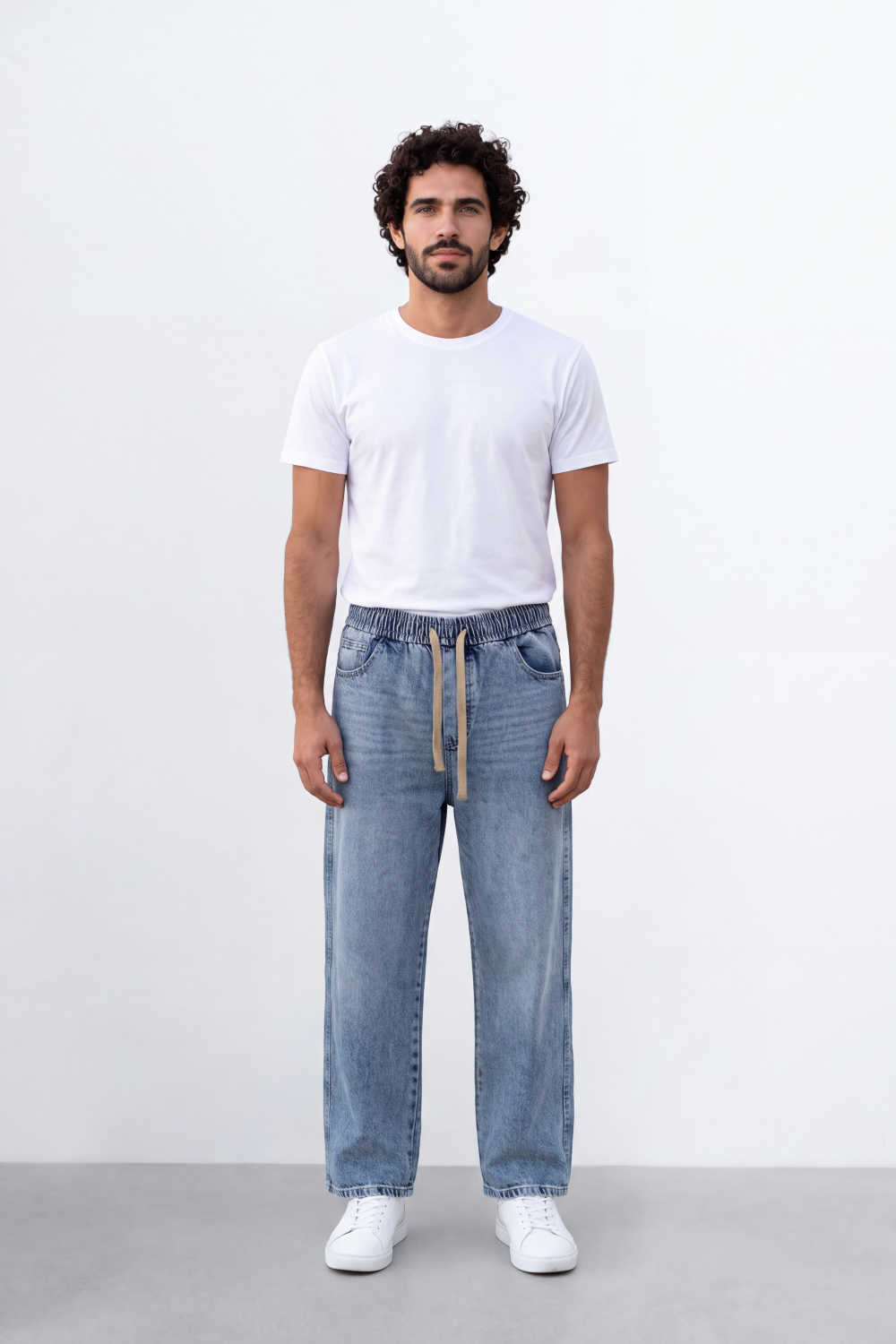 Men's Tomato Store Washed Denim Pants Elastic Waist Contrast Drawstring Detail Wide Leg