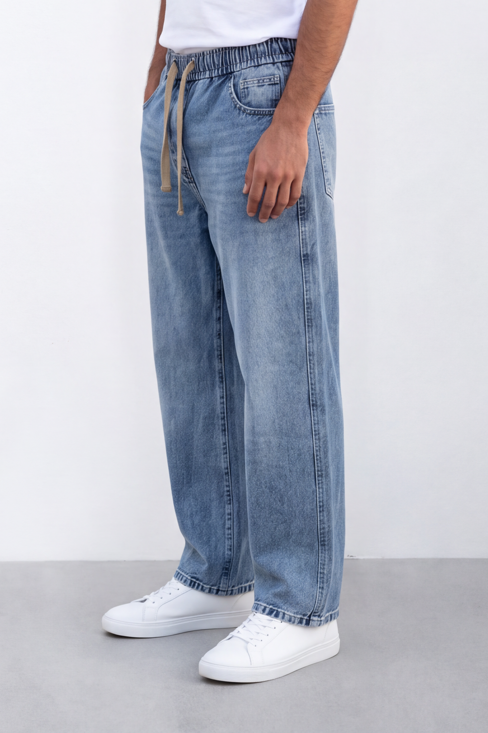 Men's Tomato Store Washed Denim Pants Elastic Waist Contrast Drawstring Detail Wide Leg