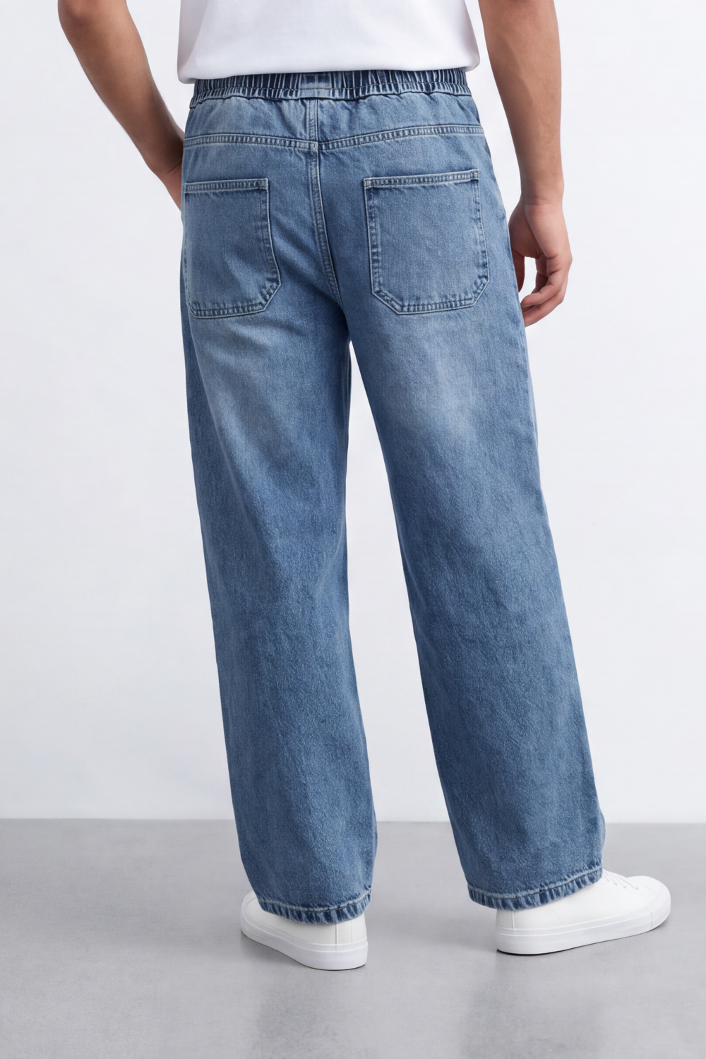 Men's Tomato Store Washed Denim Pants Elastic Waist Contrast Drawstring Detail Wide Leg