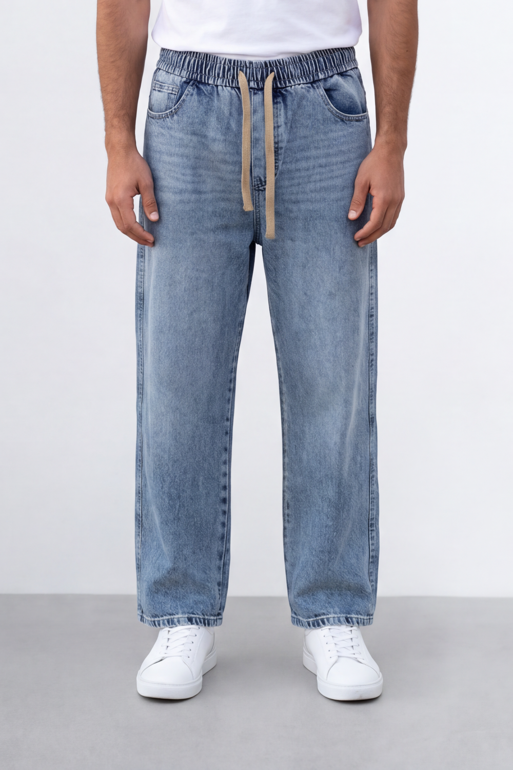 Men's Tomato Store Washed Denim Pants Elastic Waist Contrast Drawstring Detail Wide Leg