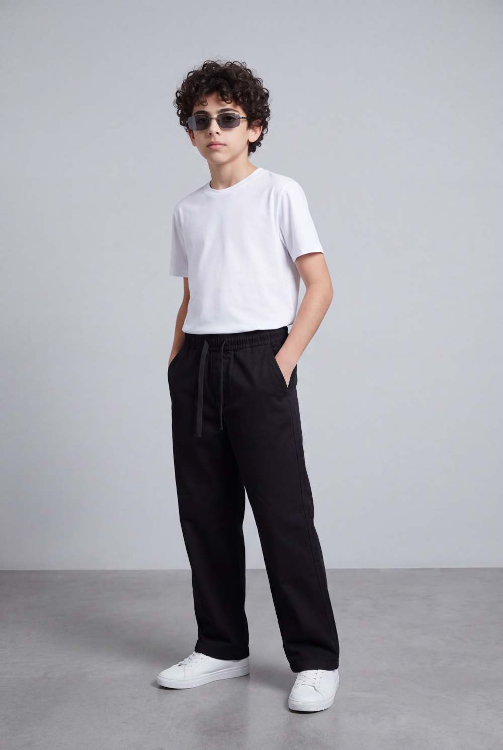 Boy's Tomato Store Washed Denim Pants Elastic Drawstring Waist Contrast Tape Detail Wide Leg