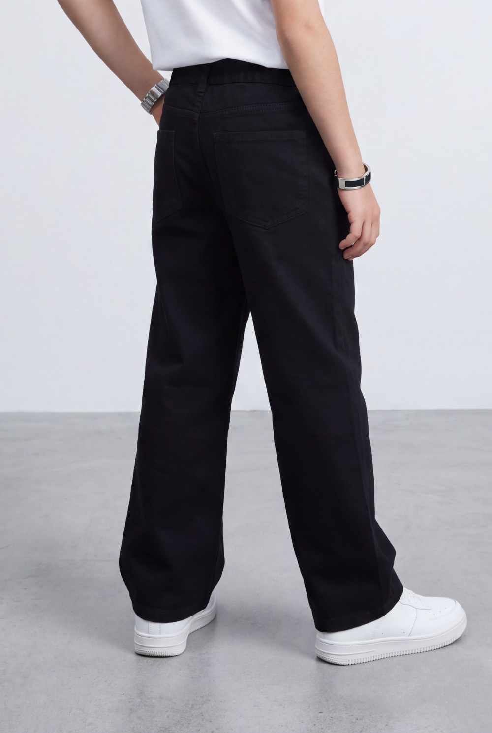 Boy's Tomato Store Washed Denim Pants Elastic Drawstring Waist Contrast Tape Detail Wide Leg