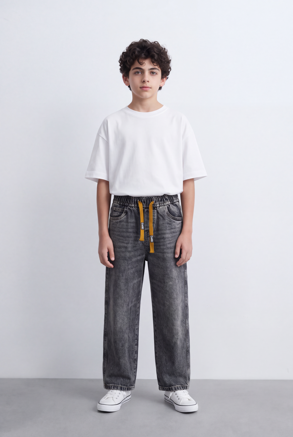 Boy's Tomato Store Washed Denim Pants Elastic Drawstring Waist Contrast Tape Detail Wide Leg