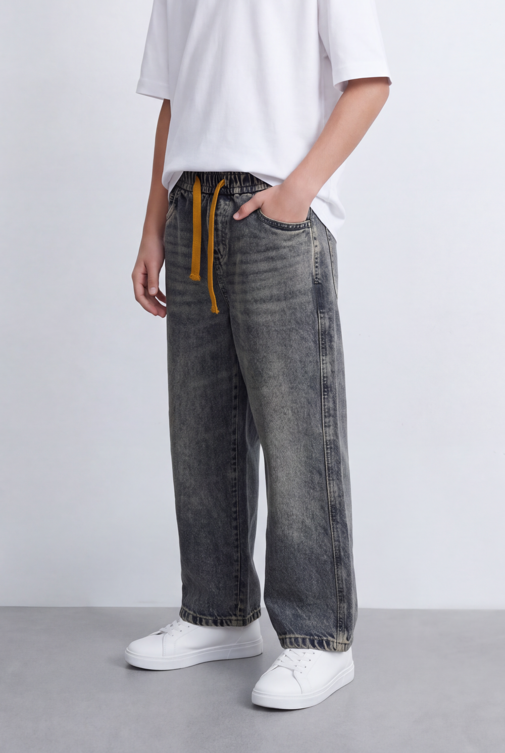 Boy's Tomato Store Washed Denim Pants Elastic Drawstring Waist Contrast Tape Detail Wide Leg