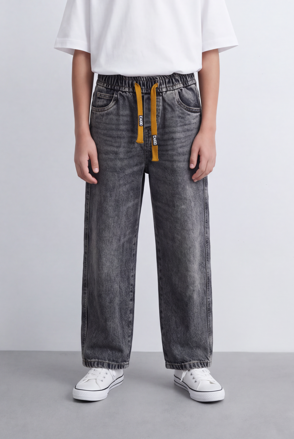 Boy's Tomato Store Washed Denim Pants Elastic Drawstring Waist Contrast Tape Detail Wide Leg