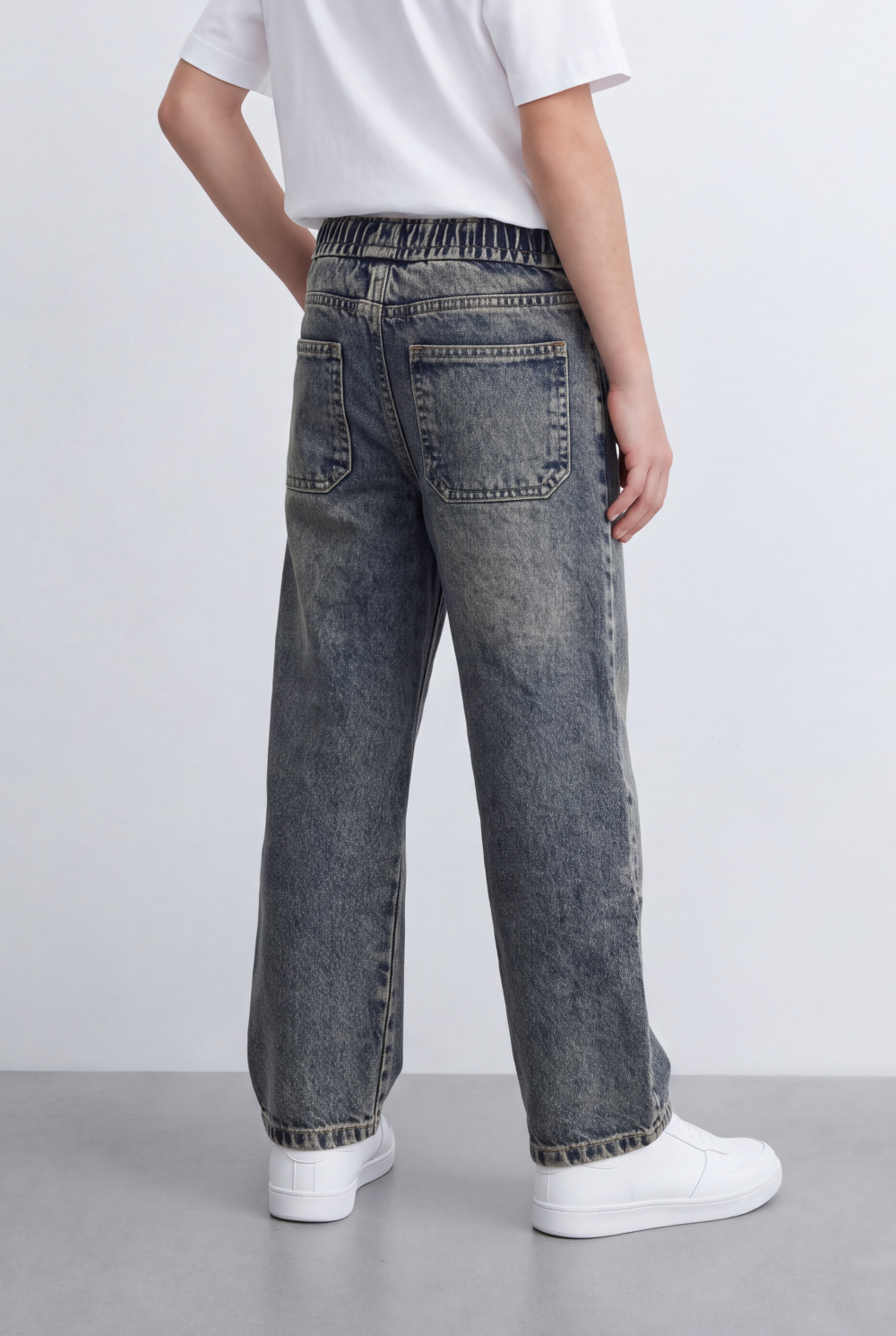 Boy's Tomato Store Washed Denim Pants Elastic Drawstring Waist Contrast Tape Detail Wide Leg