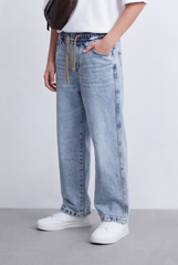 Boy's Tomato Store Washed Denim Pants Elastic Drawstring Waist Contrast Tape Detail Wide Leg