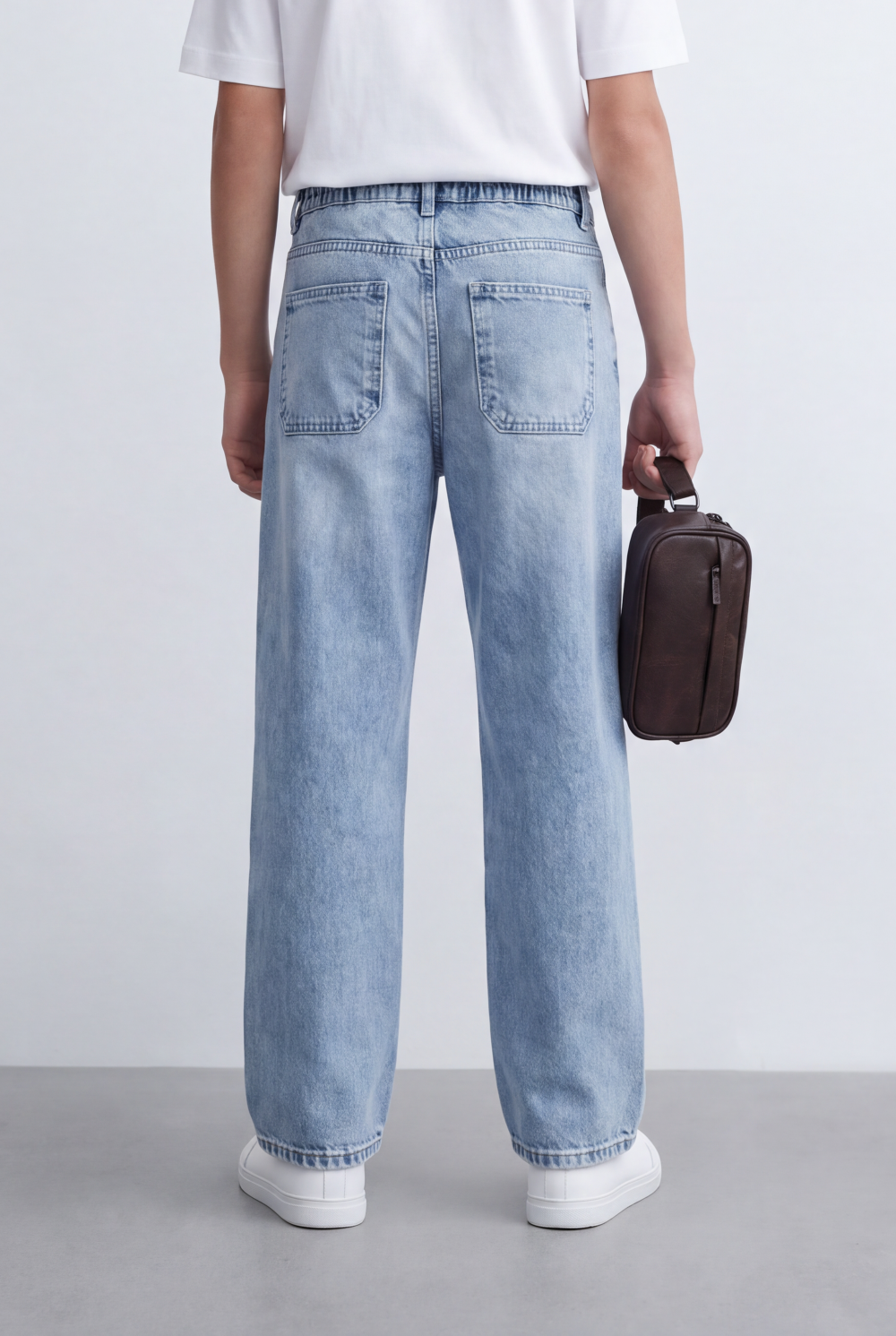 Boy's Tomato Store Washed Denim Pants Elastic Drawstring Waist Contrast Tape Detail Wide Leg