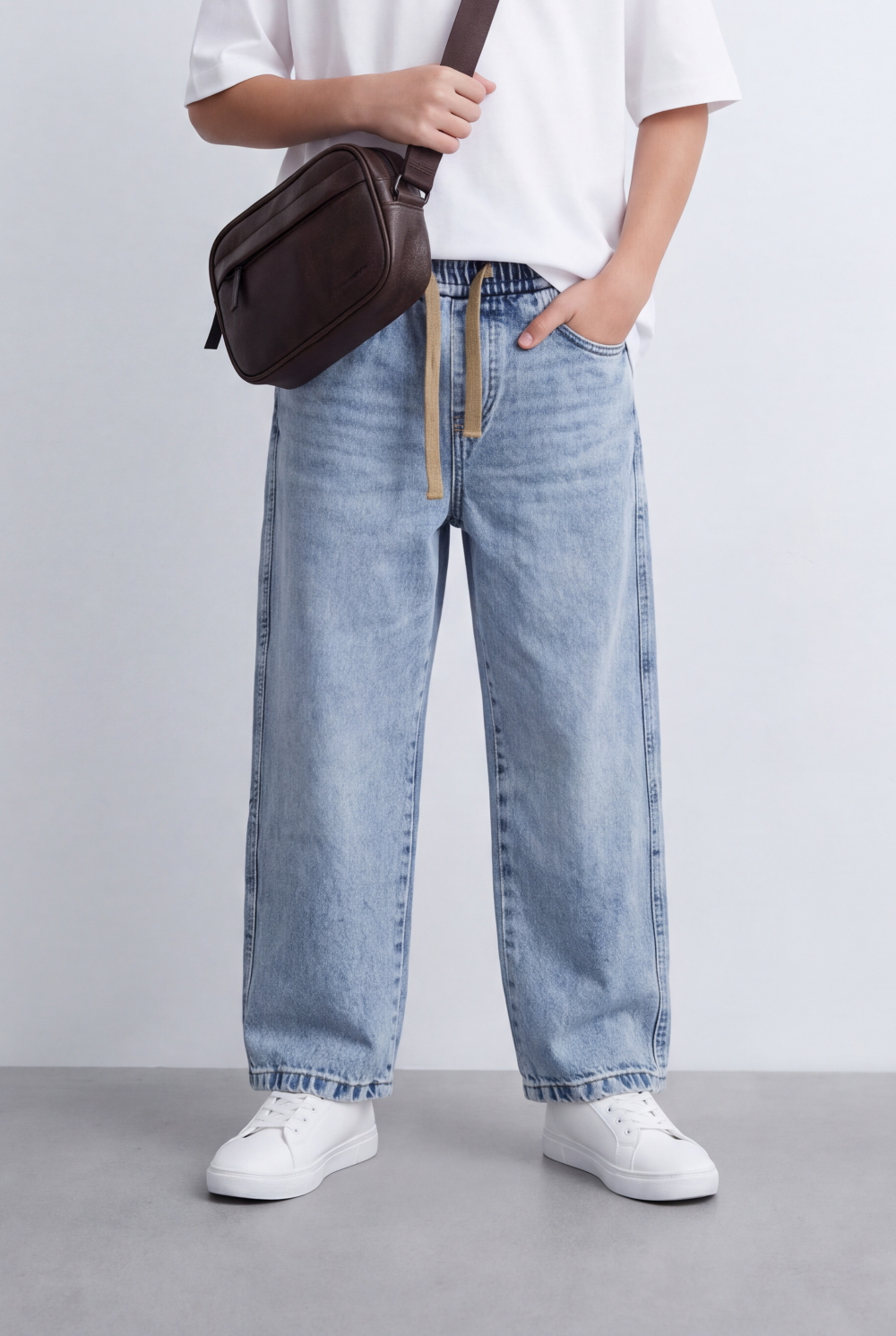 Boy's Tomato Store Washed Denim Pants Elastic Drawstring Waist Contrast Tape Detail Wide Leg