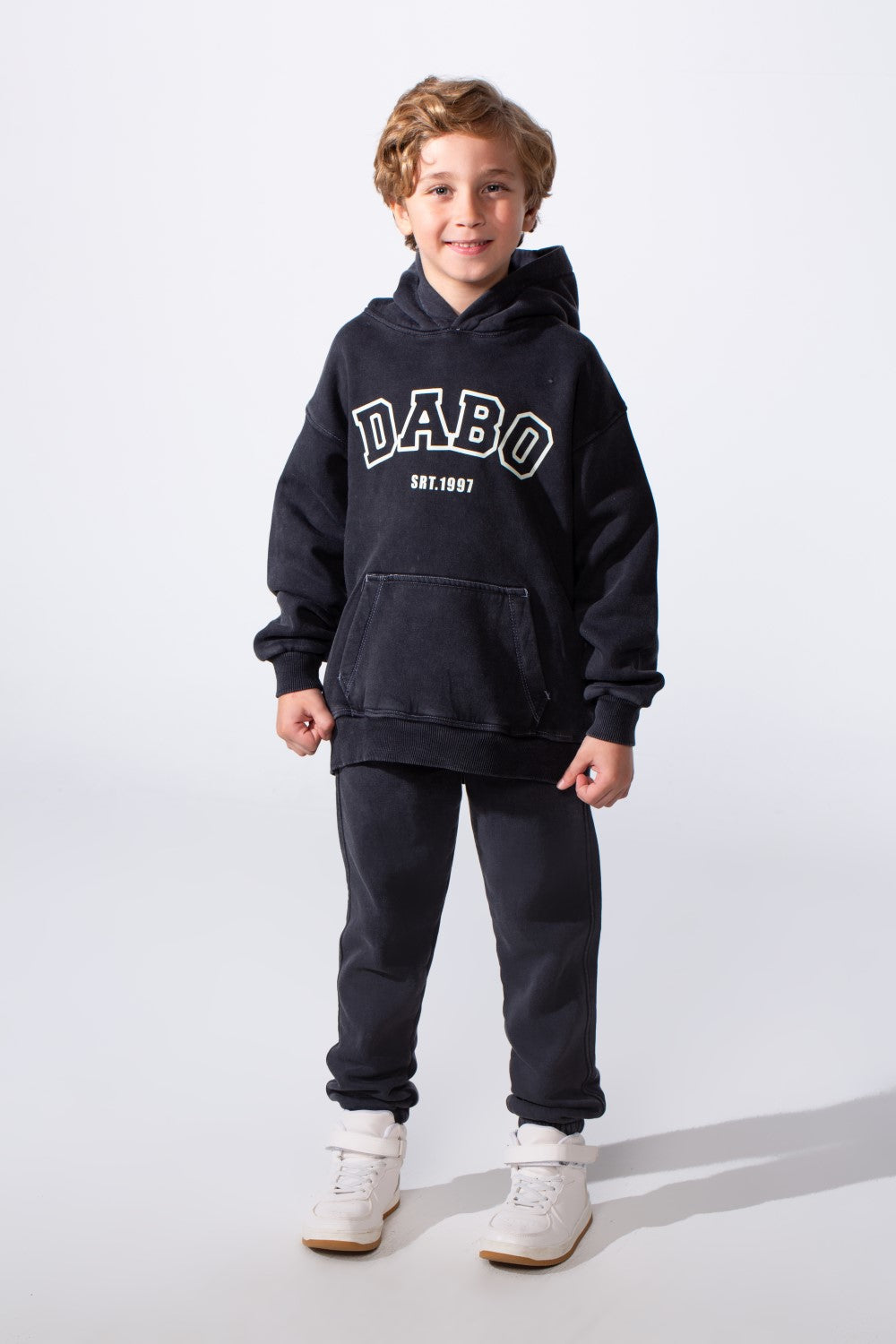 Boy's Two-Piece Tracksuit Long Sleeve With Washed Pattern Kangaroo Front Pockets Slim Fit Melton Comfortable Hooded Casual Outfit