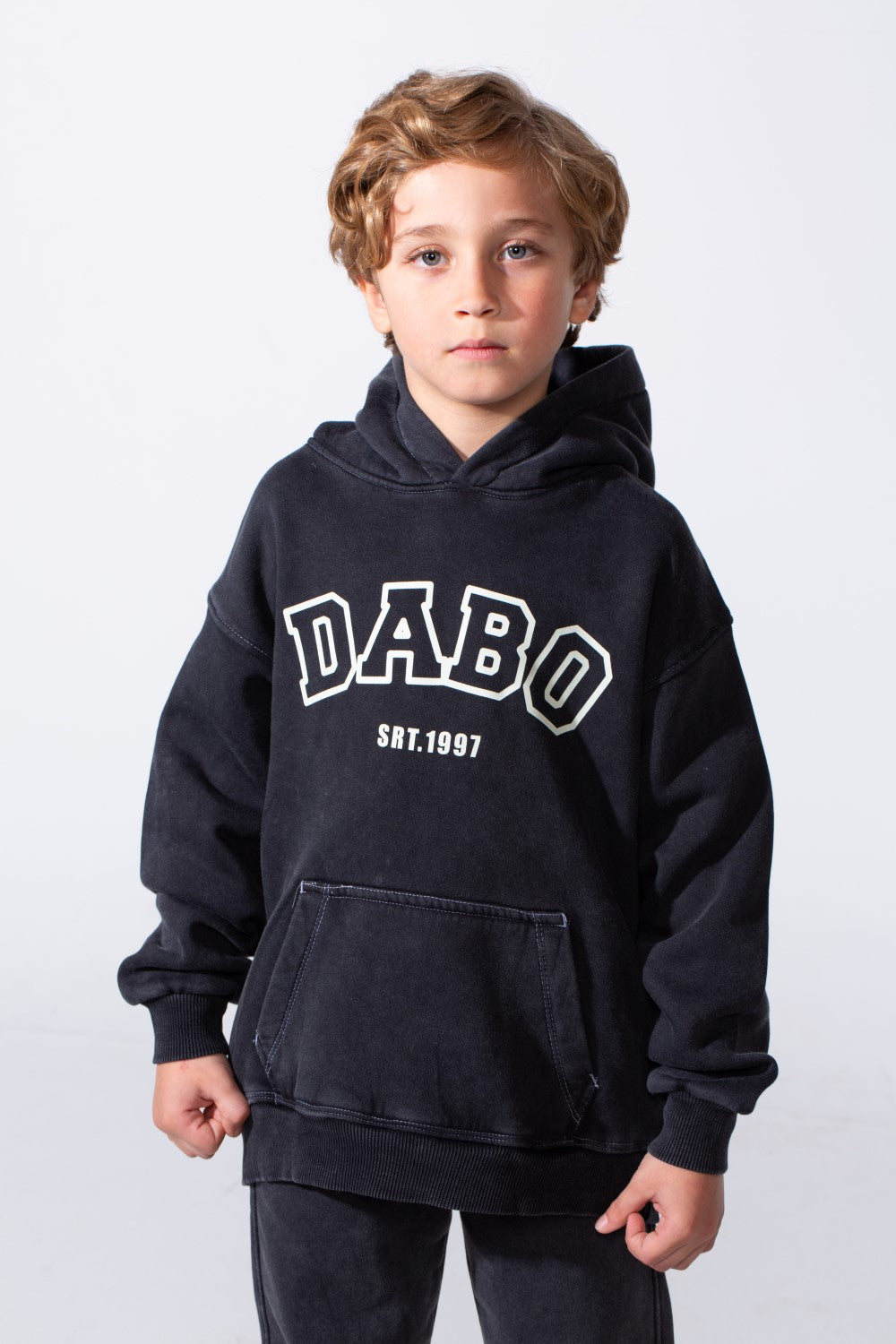 Boy's Two-Piece Tracksuit Long Sleeve With Washed Pattern Kangaroo Front Pockets Slim Fit Melton Comfortable Hooded Casual Outfit