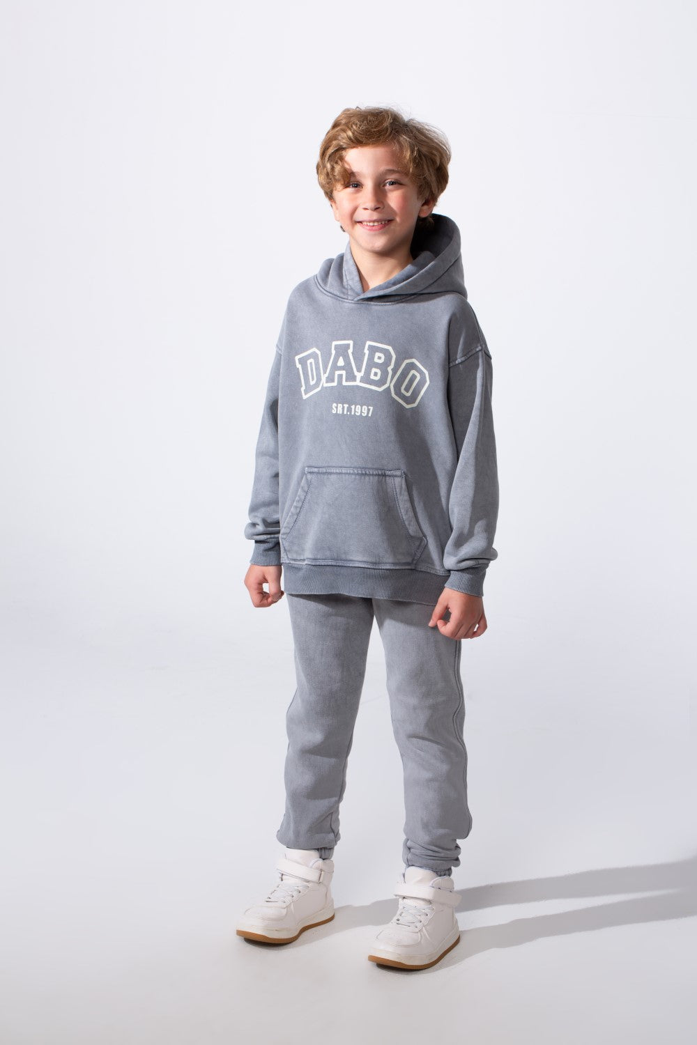 Boy's Two-Piece Tracksuit Long Sleeve With Washed Pattern Kangaroo Front Pockets Slim Fit Melton Comfortable Hooded Casual Outfit