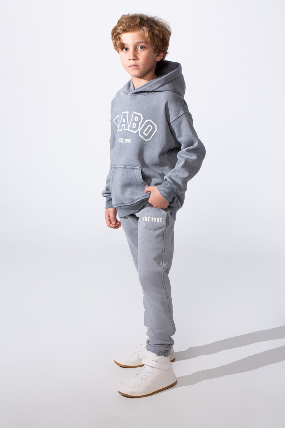 Boy's Two-Piece Tracksuit Long Sleeve With Washed Pattern Kangaroo Front Pockets Slim Fit Melton Comfortable Hooded Casual Outfit