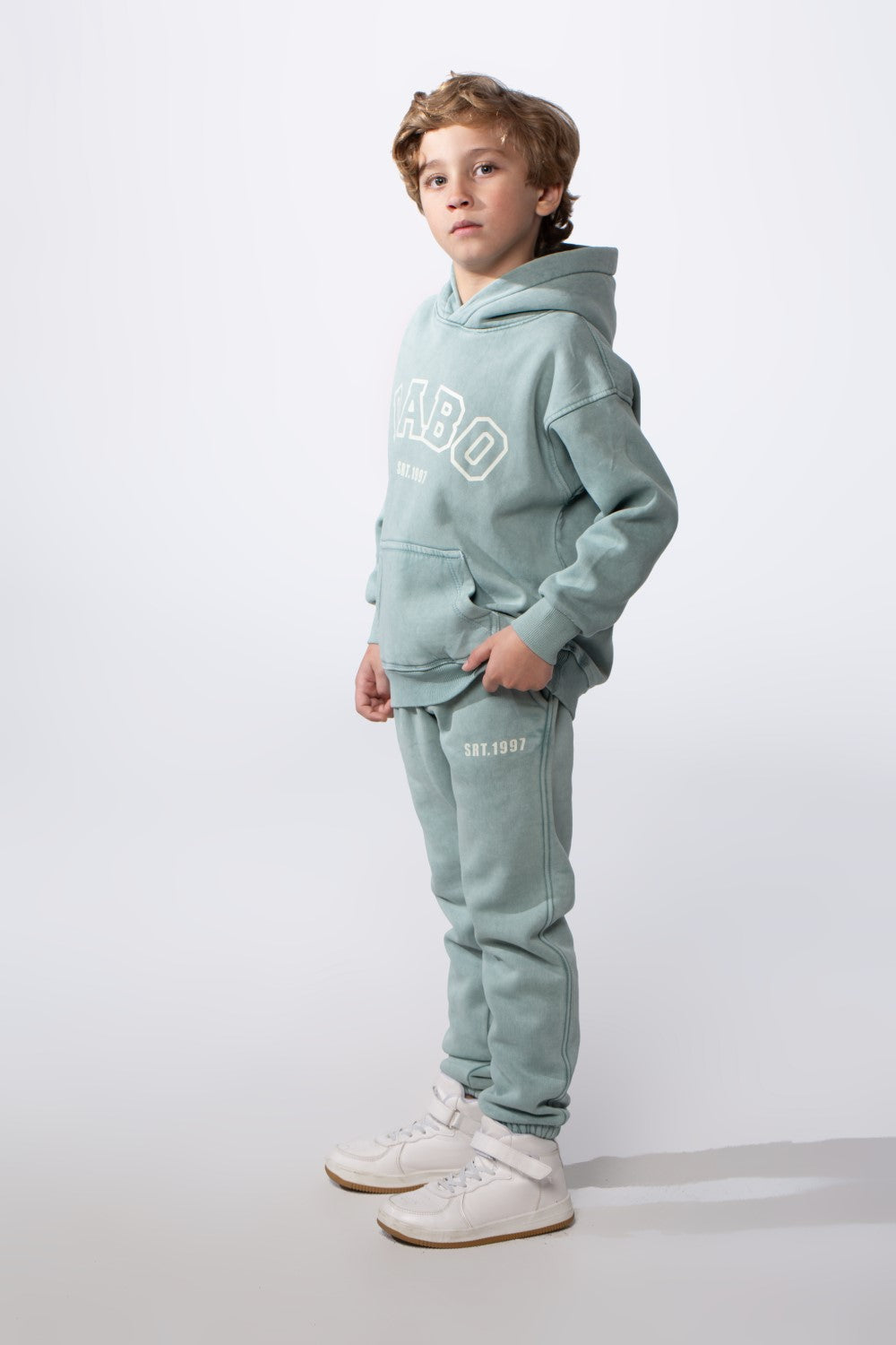 Boy's Two-Piece Tracksuit Long Sleeve With Washed Pattern Kangaroo Front Pockets Slim Fit Melton Comfortable Hooded Casual Outfit
