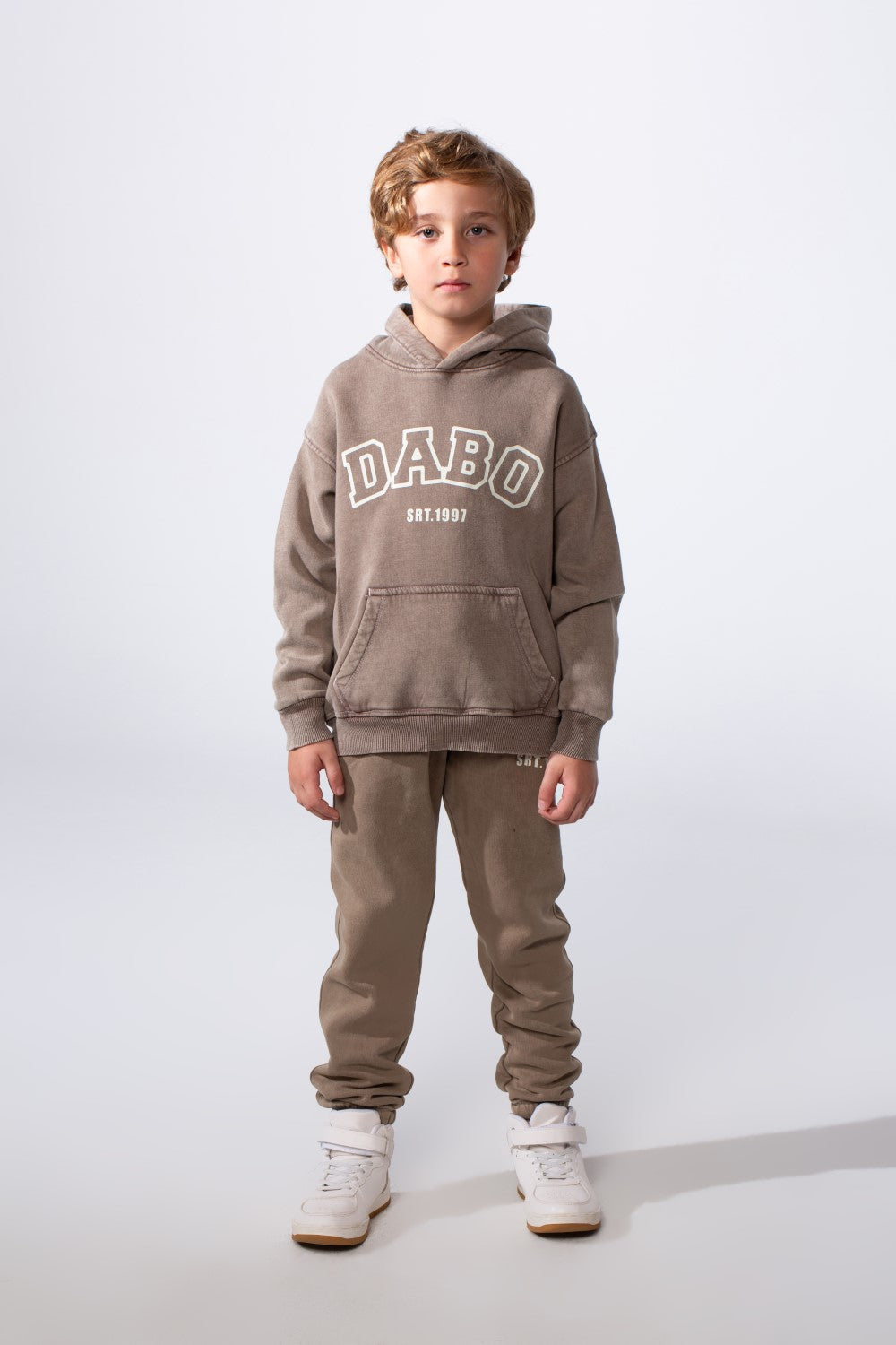 Boy's Two-Piece Tracksuit Long Sleeve With Washed Pattern Kangaroo Front Pockets Slim Fit Melton Comfortable Hooded Casual Outfit