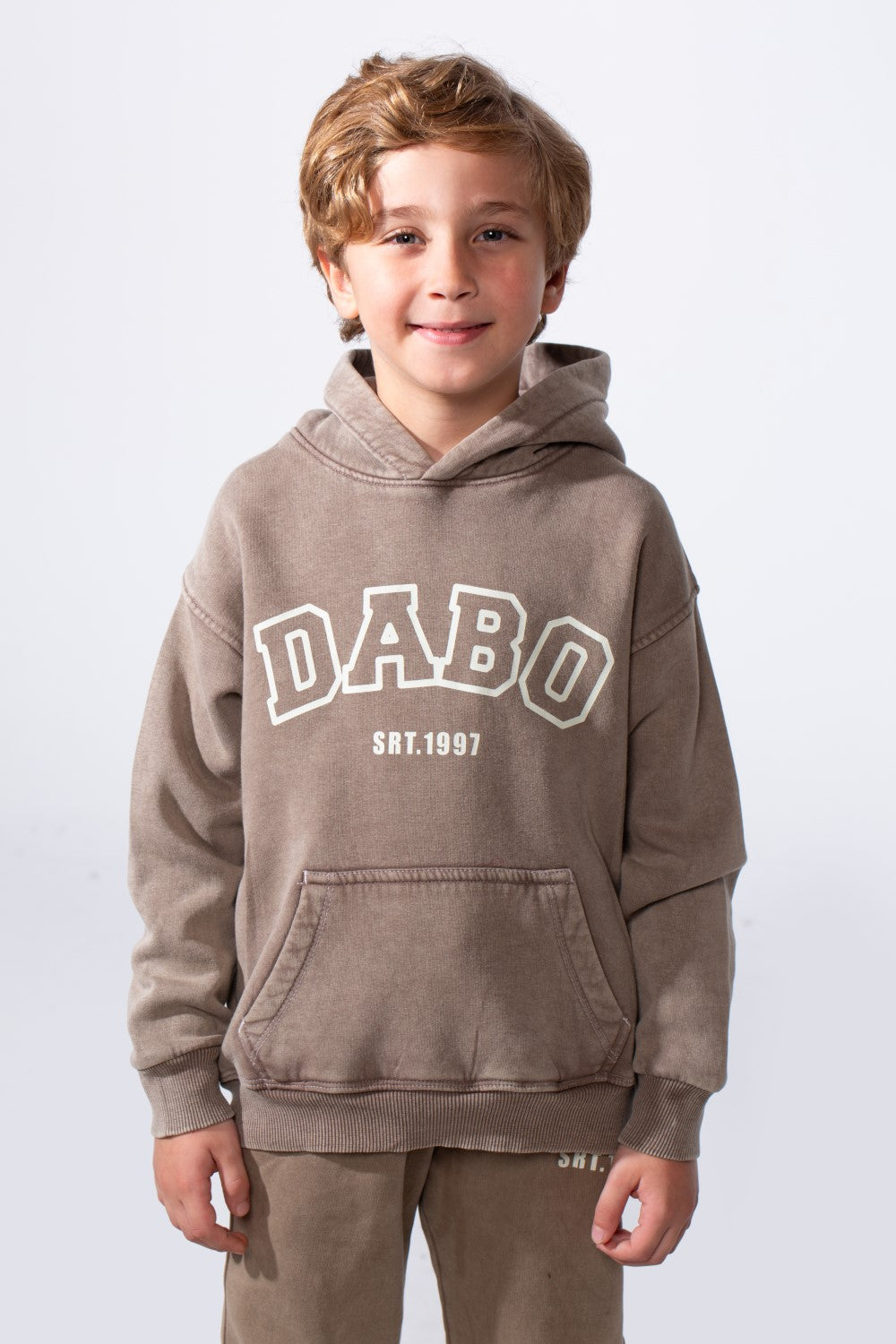 Boy's Two-Piece Tracksuit Long Sleeve With Washed Pattern Kangaroo Front Pockets Slim Fit Melton Comfortable Hooded Casual Outfit