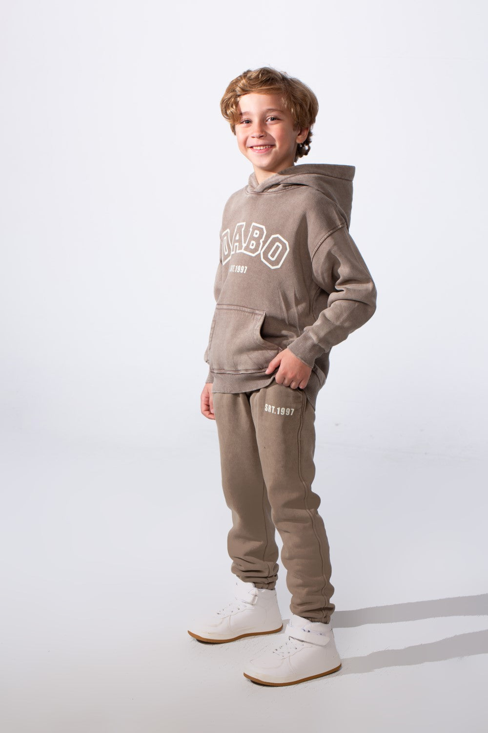 Boy's Two-Piece Tracksuit Long Sleeve With Washed Pattern Kangaroo Front Pockets Slim Fit Melton Comfortable Hooded Casual Outfit
